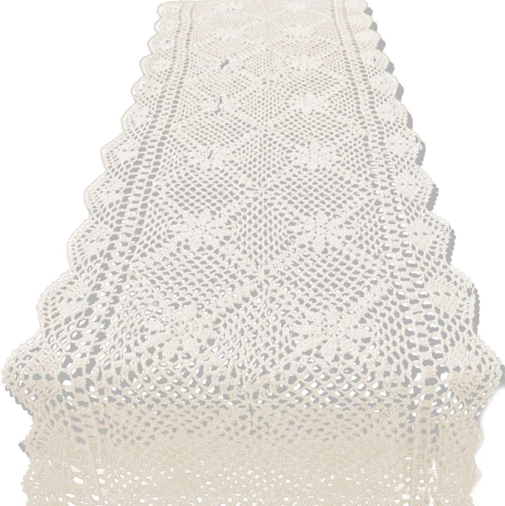 KEPSWET 14x60 inch Beige Cotton Crochet Lace Rectangular Table Runner Handmade Table Decoration