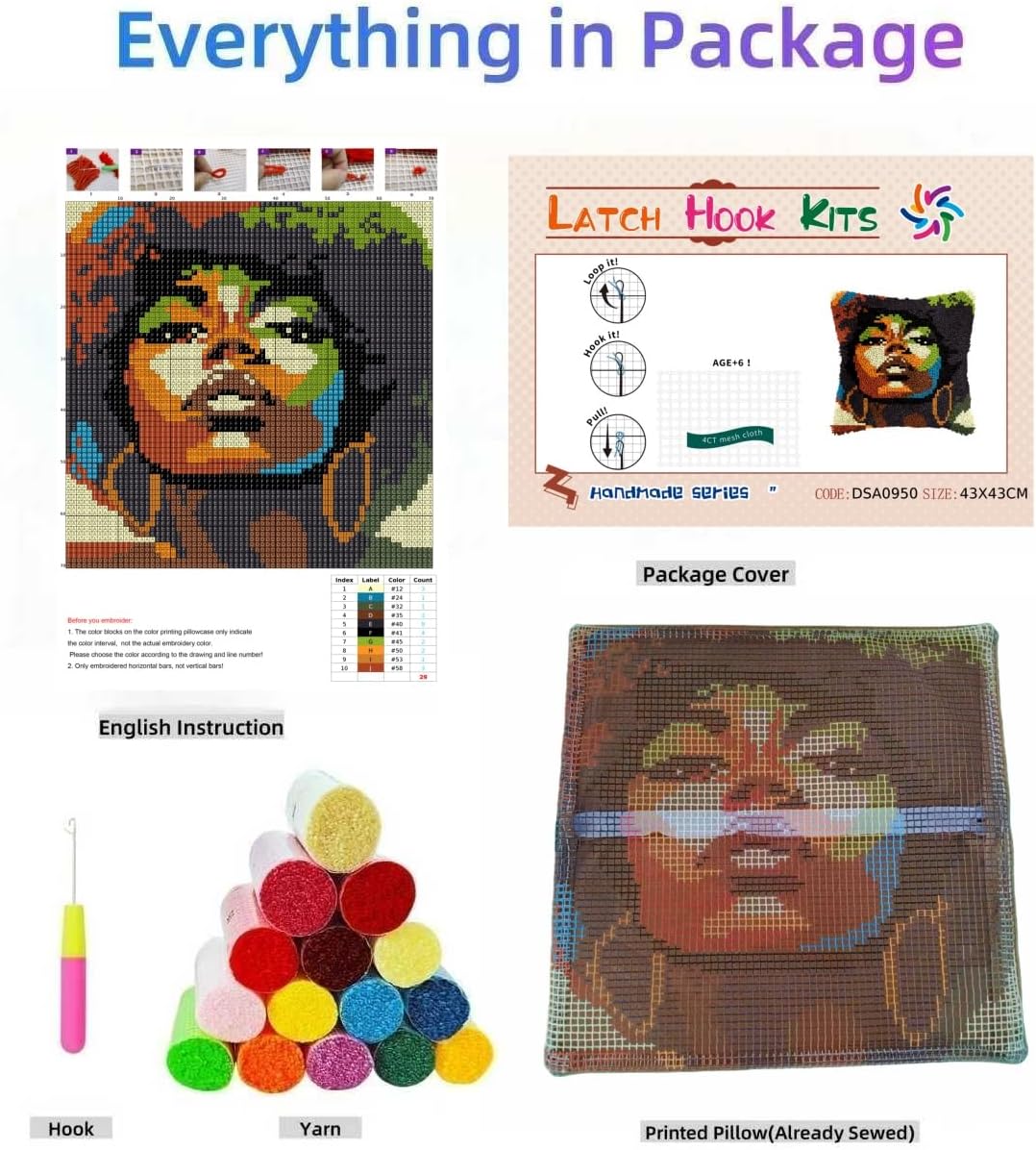 Latch Hook Pillow Kit Beautiful African Wioman with Pre-Printed Pillow Cover DIY Pillowcase Crochet Yarn Hooking Craft Set for Hobby and Home Decor 43x43cm-2