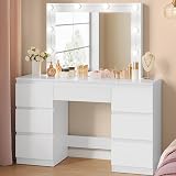 WOLTU Coiffeuse avec Miroir LED à Luminosité Réglable, Table de Maquillage avec 7 Tiroirs, Grand Espace de Rangement, Meuble Coiffeuse Moderne pour Chambre, 107 x 40 cm, en Bois, Blanc - 1