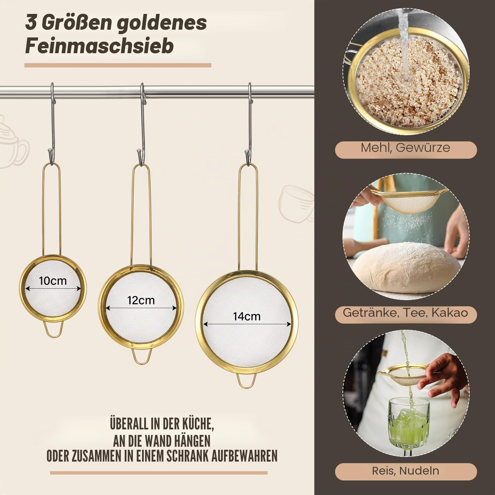 Baderke 7-teiliges goldenes Küchenzubehör beinhaltet Edelstahlsieb mit Griffen, 3 goldene Rührschüsseln mit luftdichten Deckeln und 3 feinmaschigen Sieben (Sieb: 5 Qt, Rührschüsseln: 1,5/2/3 Qt)