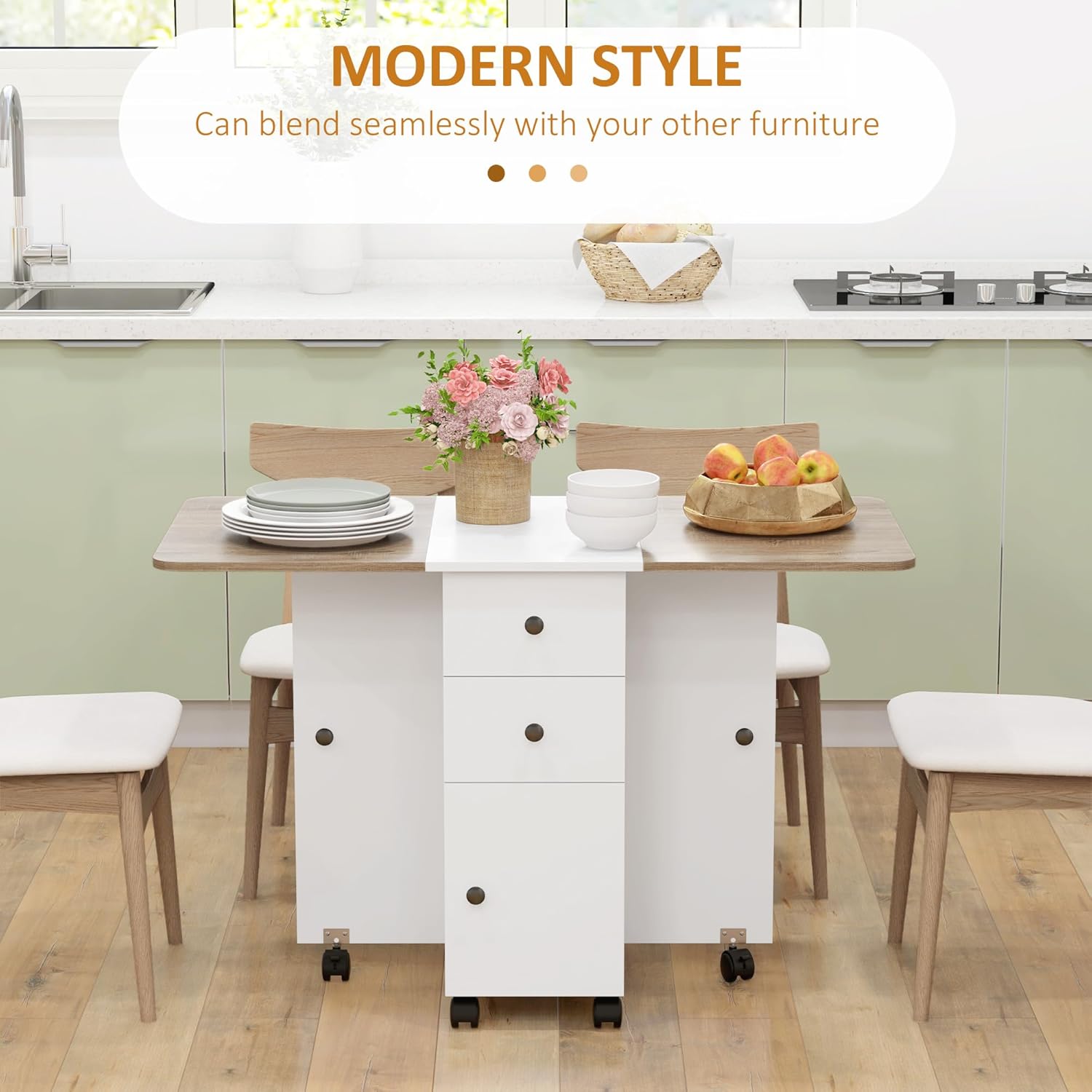 HOMCOM Folding Dining Table for 4-6, Rolling Drop Leaf Table on Wheels with Storage Drawers, Cabinet and Open Shelf for Kitchen, Dining Room, Oak and White - Image 4