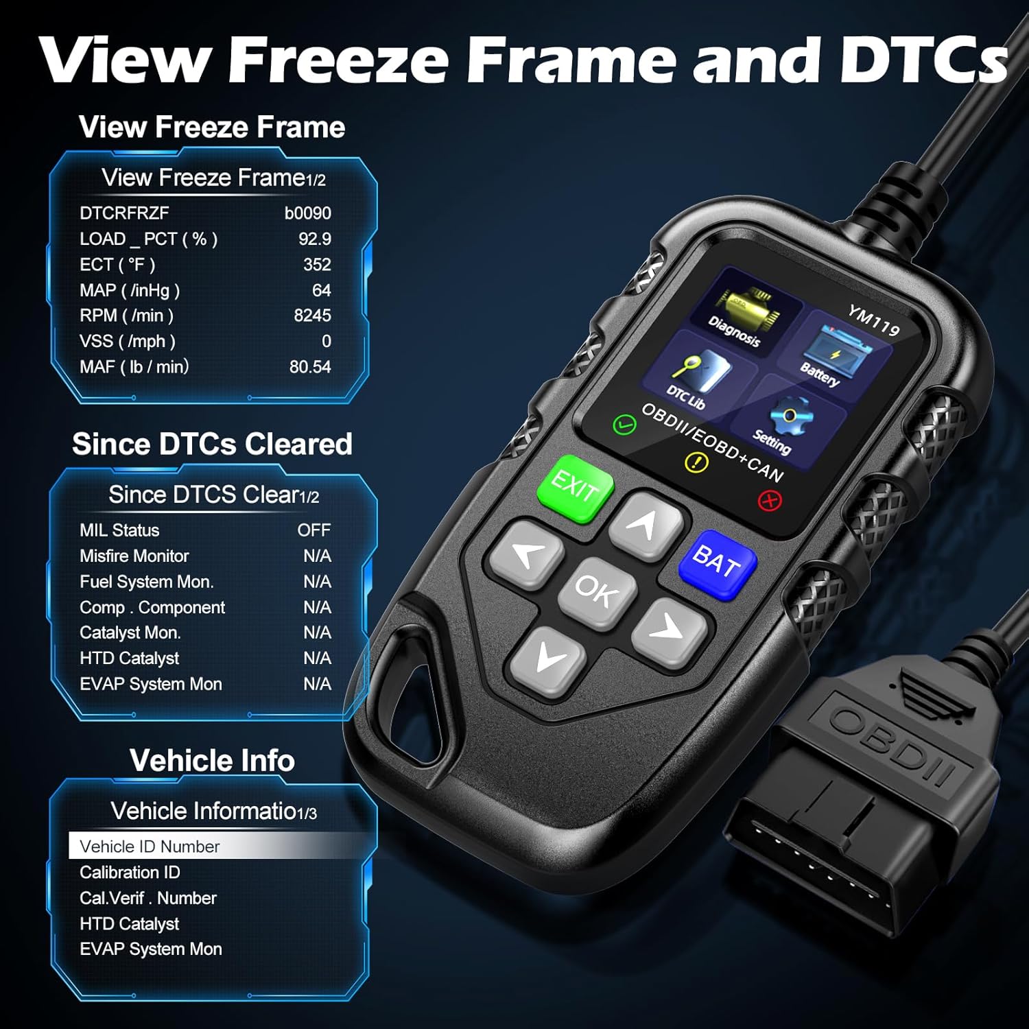 Riokko YM119 OBD2 Scanner screen showing Freeze Frame data including parameters like DTCRFRZF, LOAD_PCT, ECT, MAP, RPM, VSS, and MAF, along with Vehicle Info.