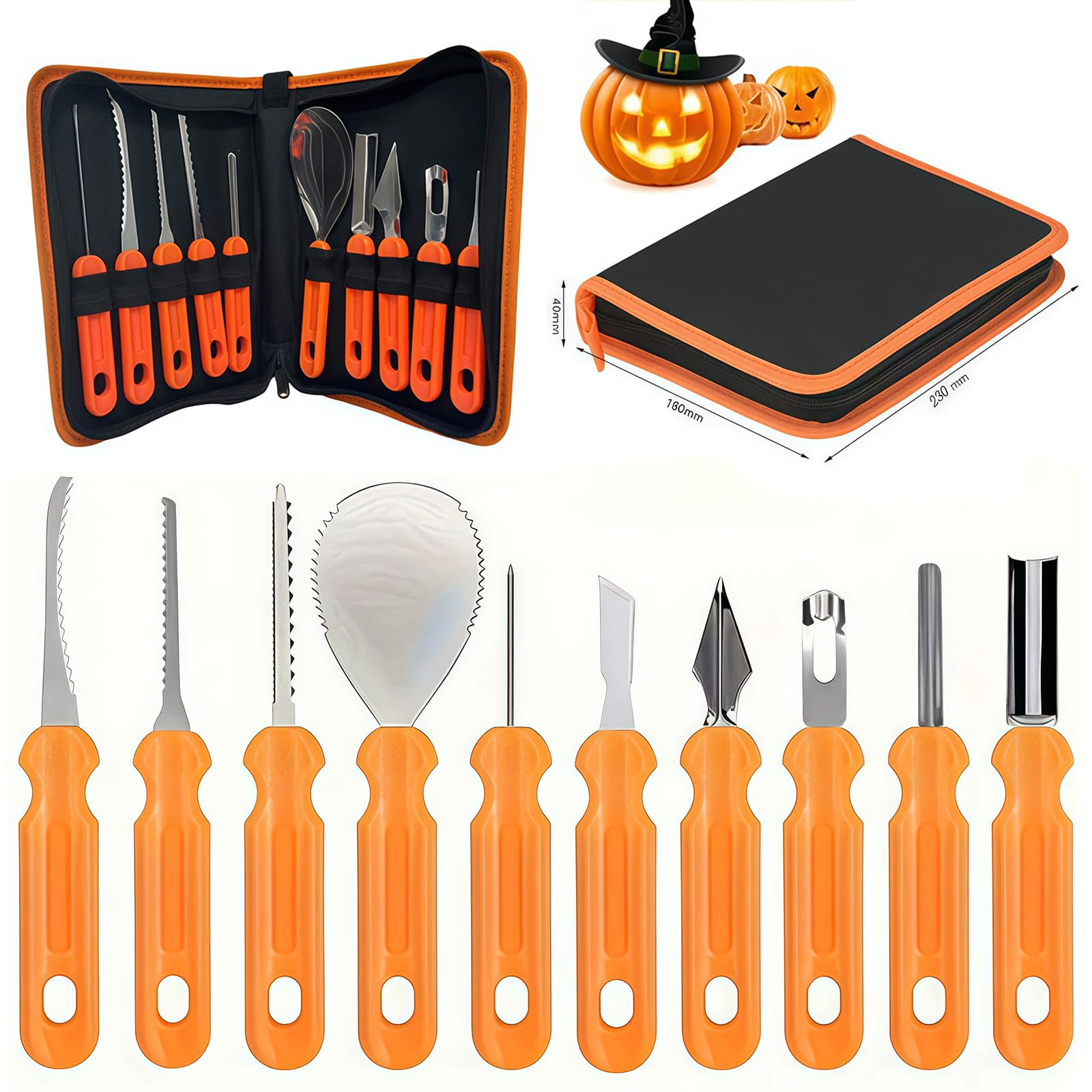 Pumpkin Carving Kit 10 Piezas de Acero Inoxidable para Calabazas Halloween, Set Profesional de Tallado para Frutas y Decoración Festiva