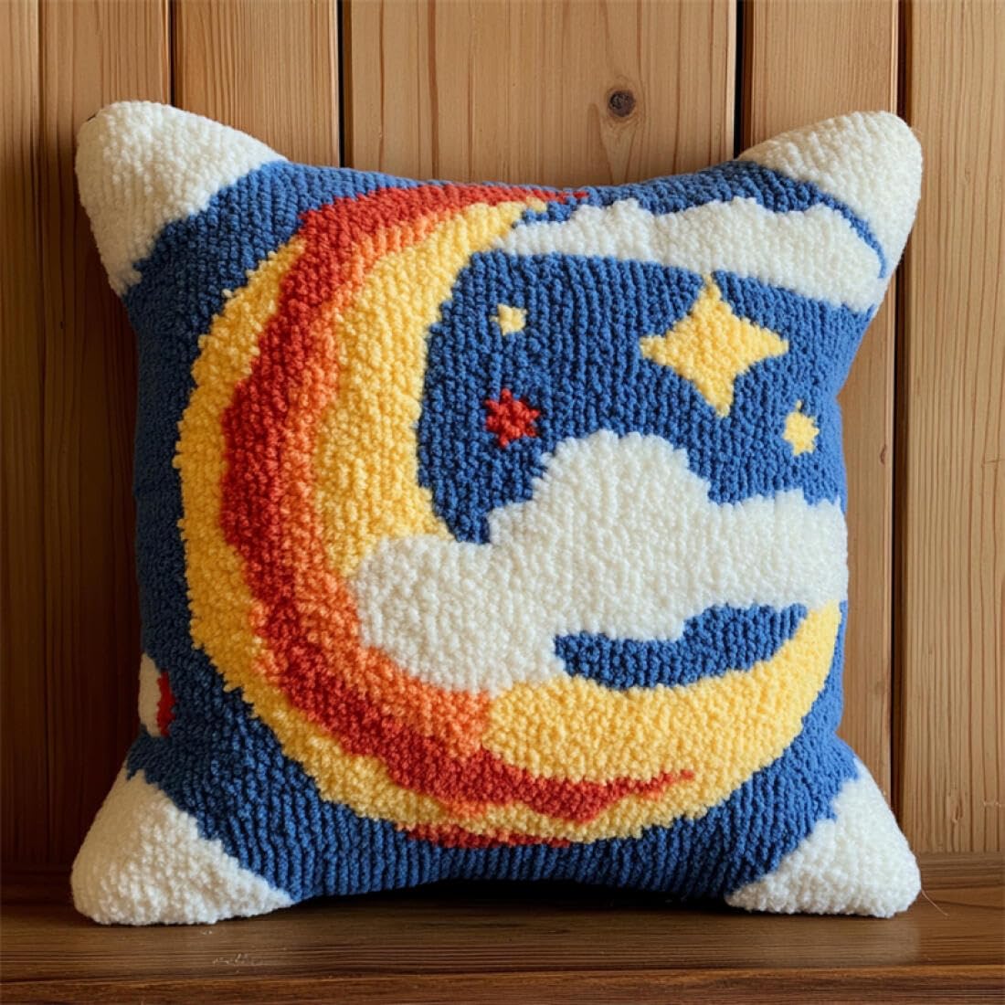 Kitquiver Latch Hook Cushion Craft Kits Cartoon Moon Crochet Needlework Crafts with Latch Hook Tool for Adults DIY Handmade Home Cushion Kits Decor 17x17In