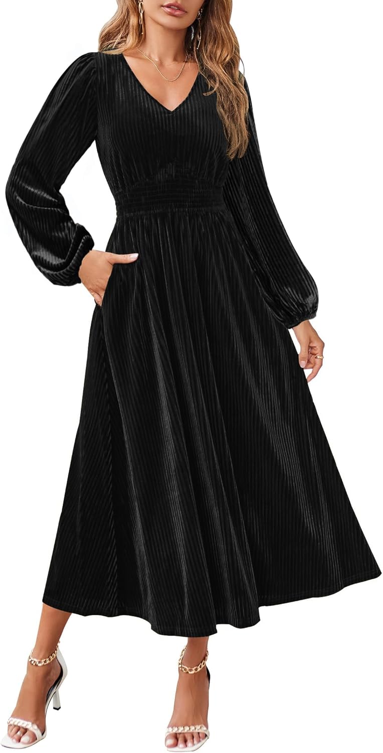 ZESICA Women's Velvet Midi Dress 2026 Casual V Neck Long Sleeve Solid Color Elastic High Waist Flowy Evening Party Dresses
