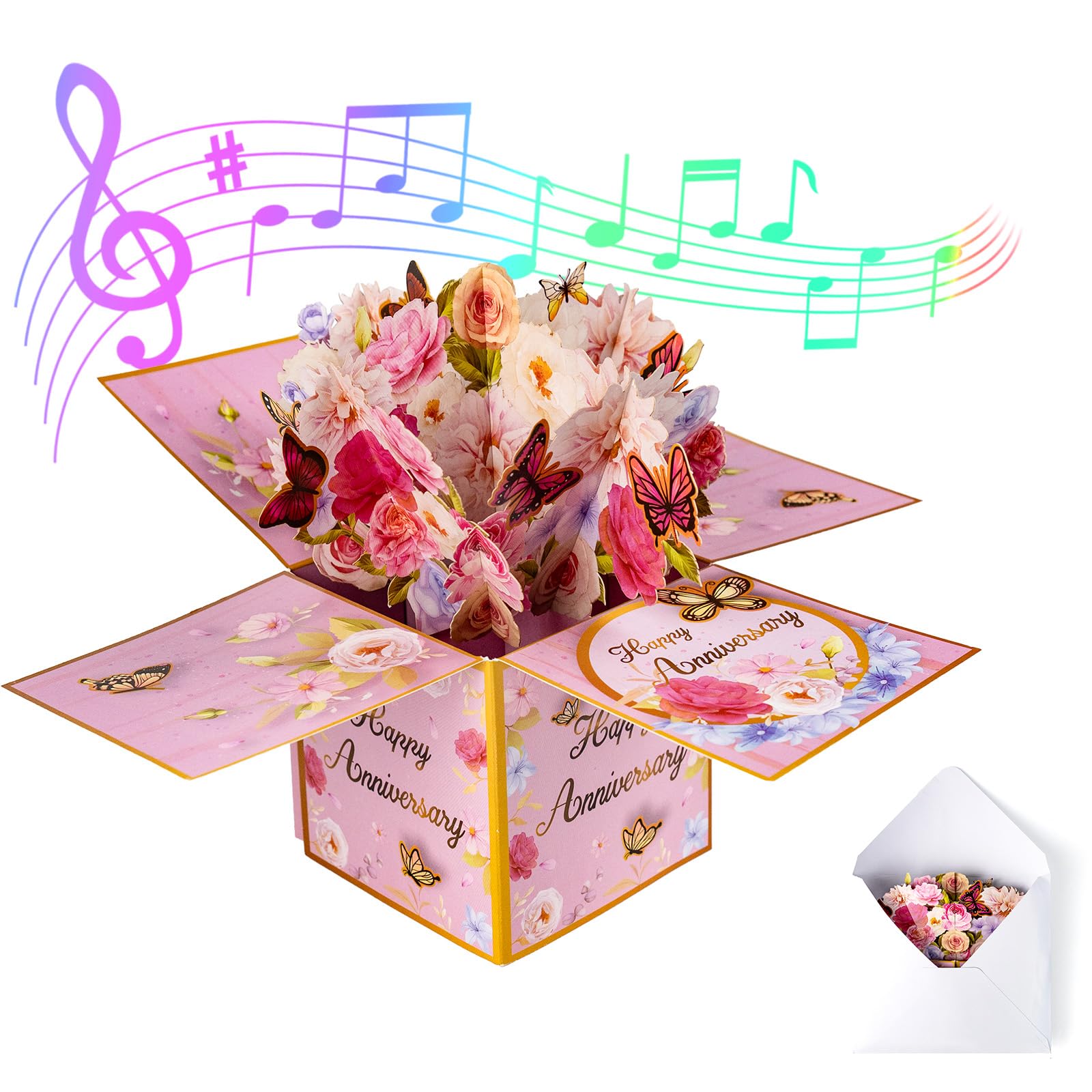 mountova 3D Anniversary Pop Up Cards with Music, Romantic LED Light 3D Flower Gift Box, Handmade Foldable Greeting Cards Box with Envelope for Anniversary,Festivals & Special Occasions