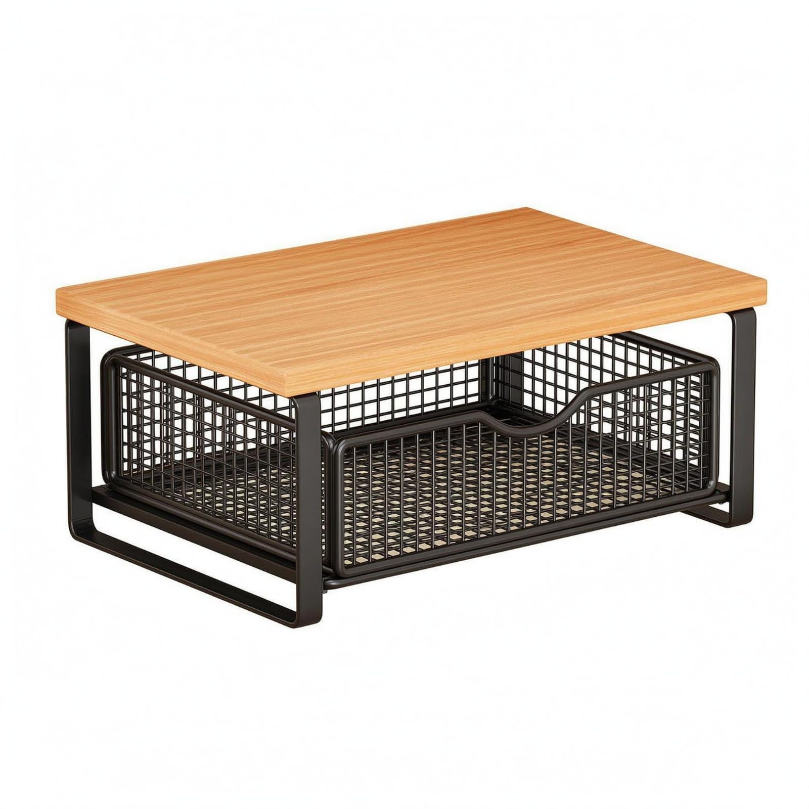 Organizador de Escritorio para Oficina de Doble Nivel con Diseño de Cesta Inferior Marco Metálico Tablero Decorativo y Función de Separación, Negro, Madera, style to 1