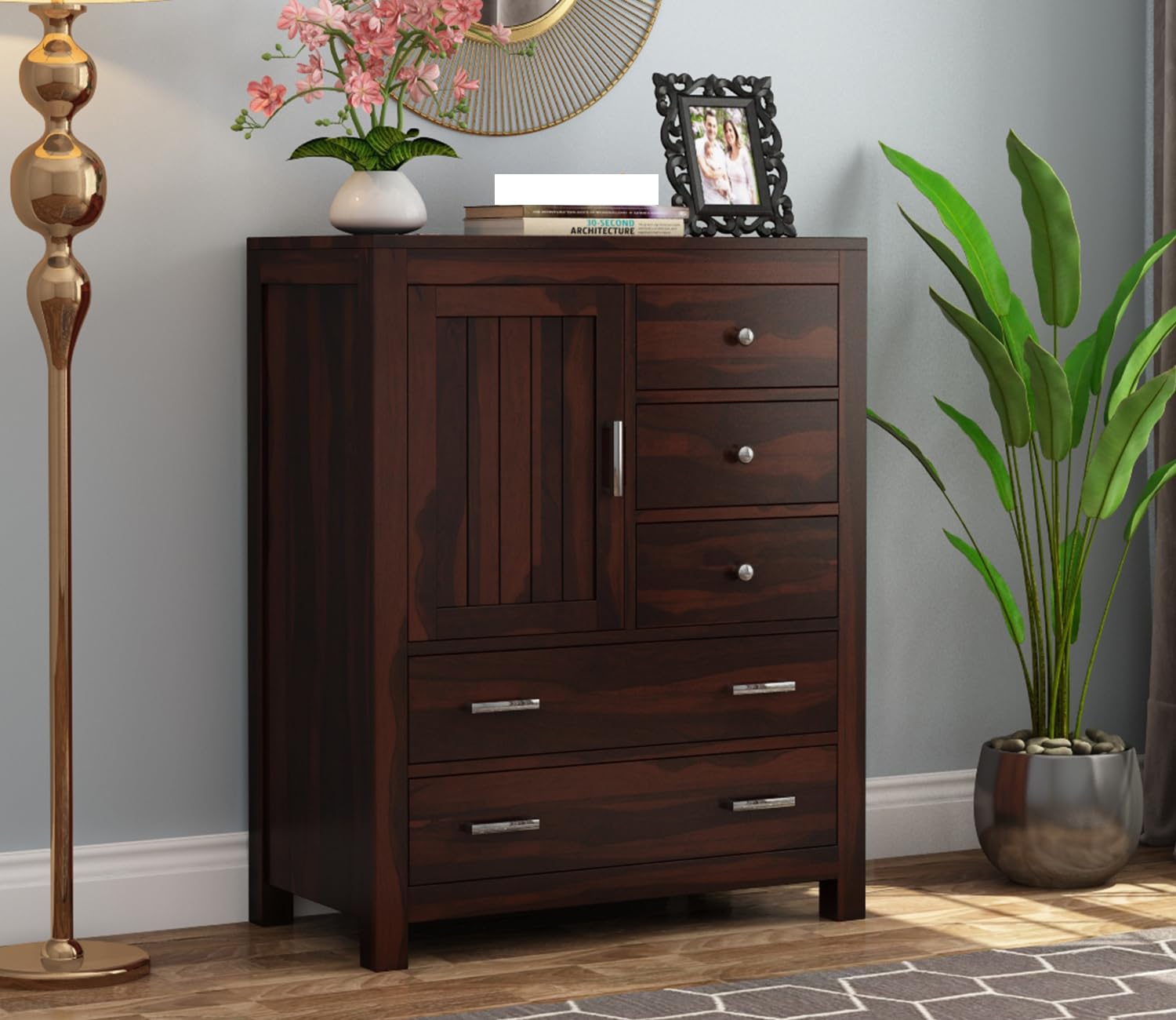 Solid Sheesham Wood Wooden Chest of Drawers for Storage Sideboard Cabinet with 5 Drawers and Single Shelf Storage for Living Room & Bedroom (Declan, Walnut Finish)-image-27