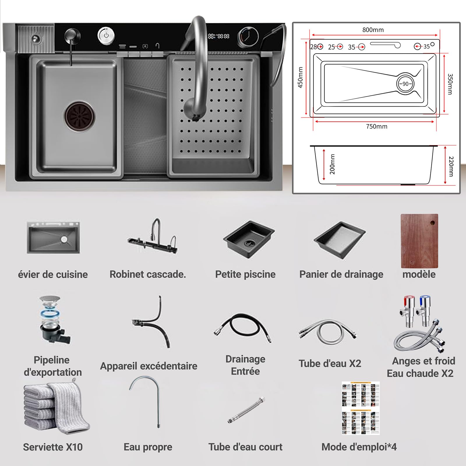 Noir Évier de cuisine 1 baignoire multifonction en acier inoxydable, évier en cascade, avec drainage, planche à découper, lavages, distributeur de savon