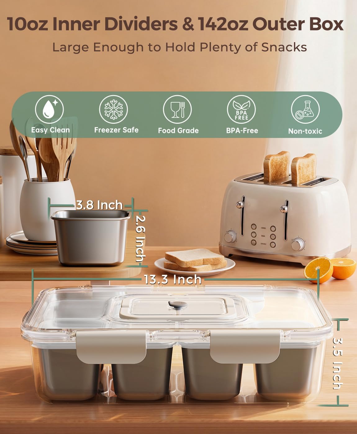 Snackle Box Container with 8 Removable Stainless Steel Compartments Divided Serving Tray with Portable Handle for Beach, Road Trip, Picnic, Boat Days, Ball Games, Pool and Parties