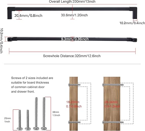 Miniatura 2 de TUNNY Paquete de 5 manijas clásicas sólidas para gabinete, 12.6 pulgadas12.598 in de distancia entre tornillos, manijas de hardware negro mate para