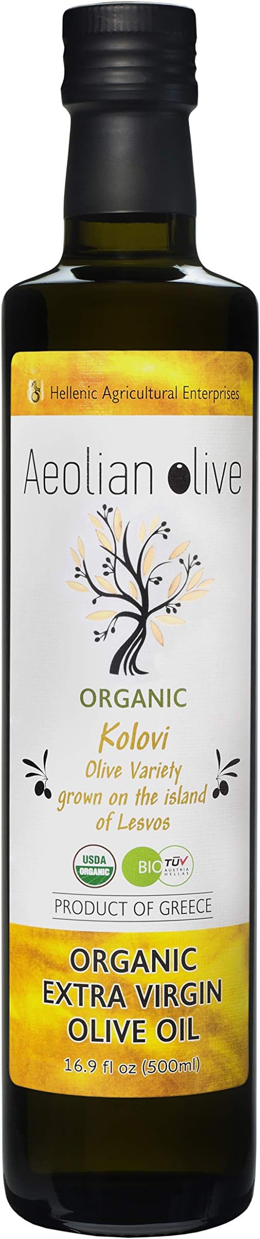Premium Greek Extra Virgin Olive Oil, USDA Organic by AEOLIAN OLIVE 16.9oz - 500 ml, GOLD AWARD IOOC 2020, First Cold Pressed Single Variety, Pure & Natural, Handpicked From Lesvos Greece