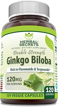 Herbal Secrets Ginkgo Biloba Double Strength Supplement | 120 Mg | 120 Veggie Capsules | Non-GMO | Gluten-Free | Made in USA
