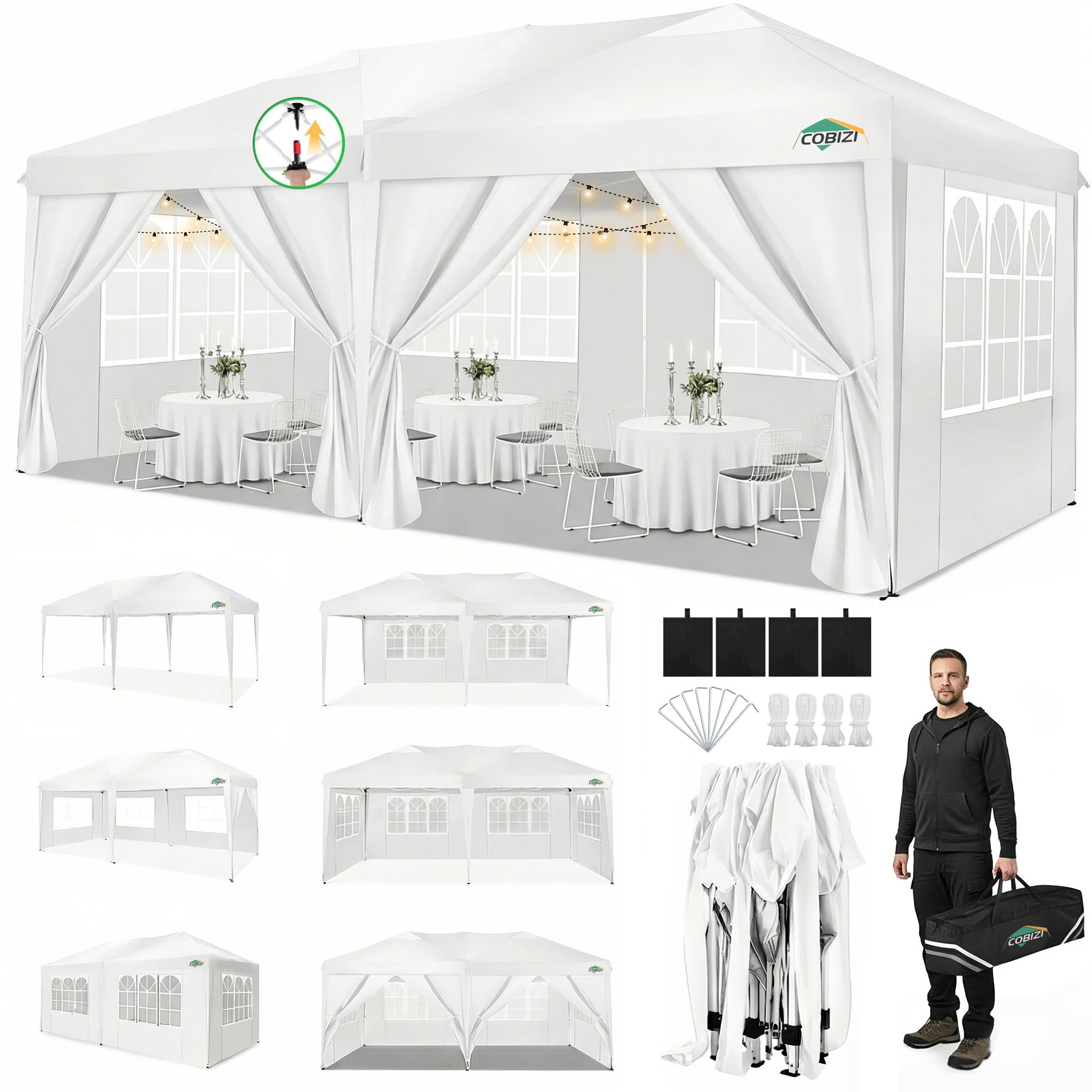 Photo 1 of COBIZI 10x20 Pop Up Canopy Tent Commercial Instant Shelter with 6 Sidewalls, Durable Waterproof Portable Gazebo UPF 50+ for Outdoor Party, Wedding, Vendor Events (White)