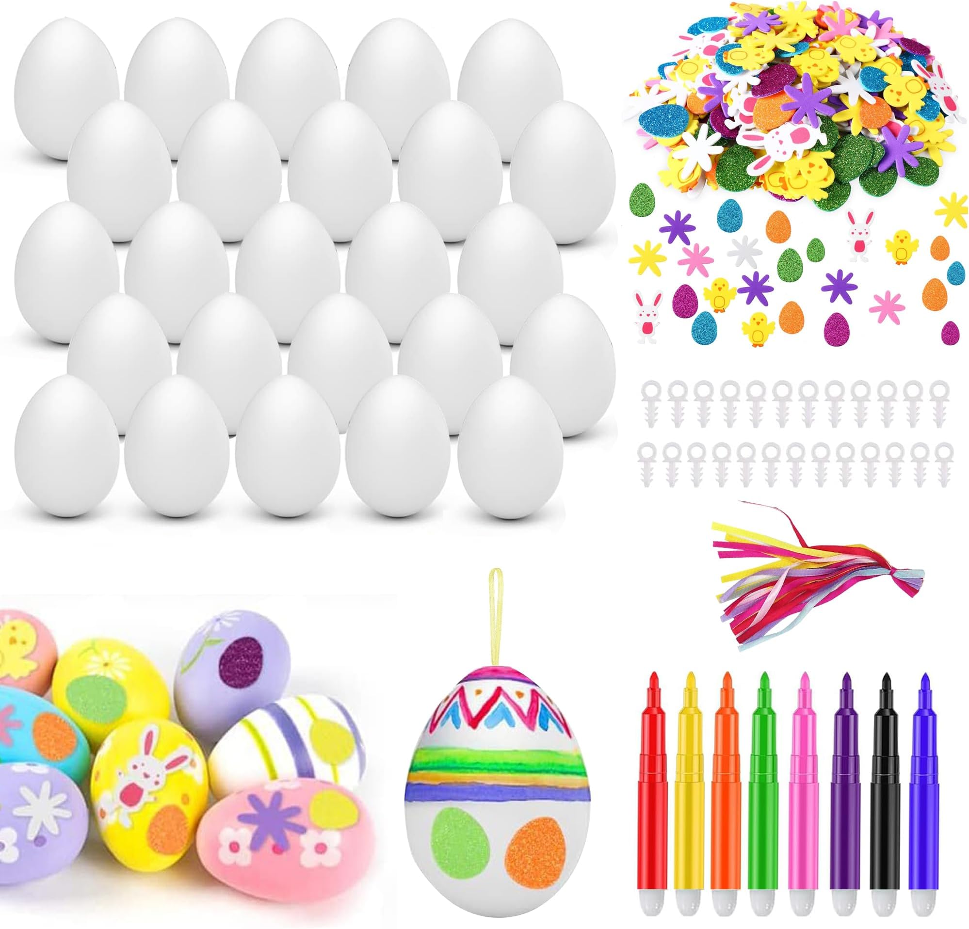 Easter Egg Decorating Kit, 25 Pcs White Easter Egg Decorations Kit with Pen and Sticker, Plastic DIY Crafts Ornaments for Party Favor School Office Home Decor Easter Gift