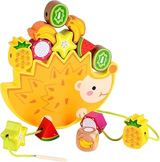 Montessori Wooden Balance Blocks Stacking Toys Fruits Lacing Beads Threading for Toddlers STEM Educational Building Blocks Game Fine Motor Skills Toys Preschool Learning 3 4 5 6 Years Boys Girls Gift