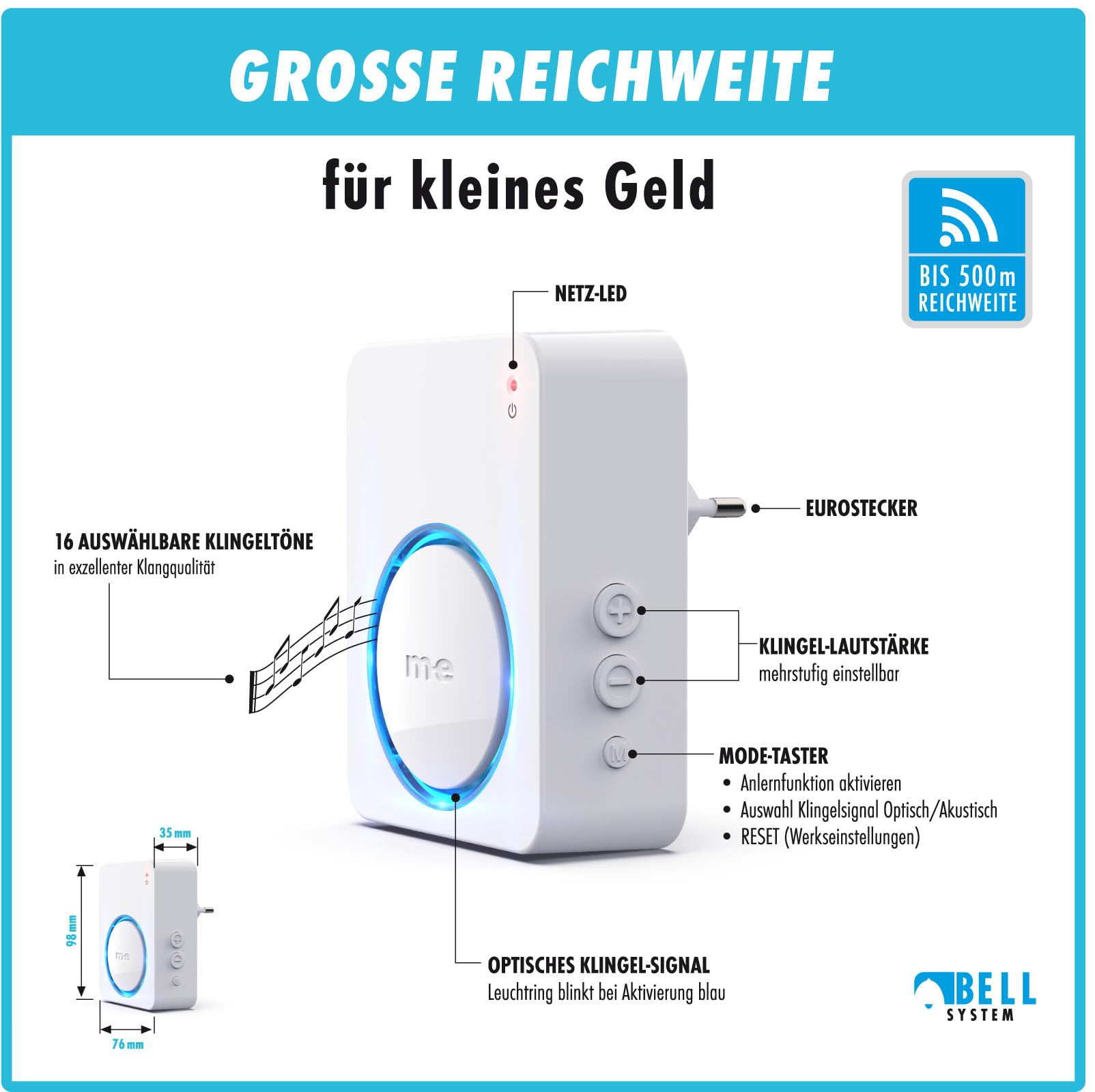 m-e Funkklingel BELL-521 AC Silber mit Sender und Empfänger für 1-Familienhaus, Erweiterbare kabellose Türklingel mit 500 Meter Reichweite, Türglocke für Steckdose Türklingel Funk