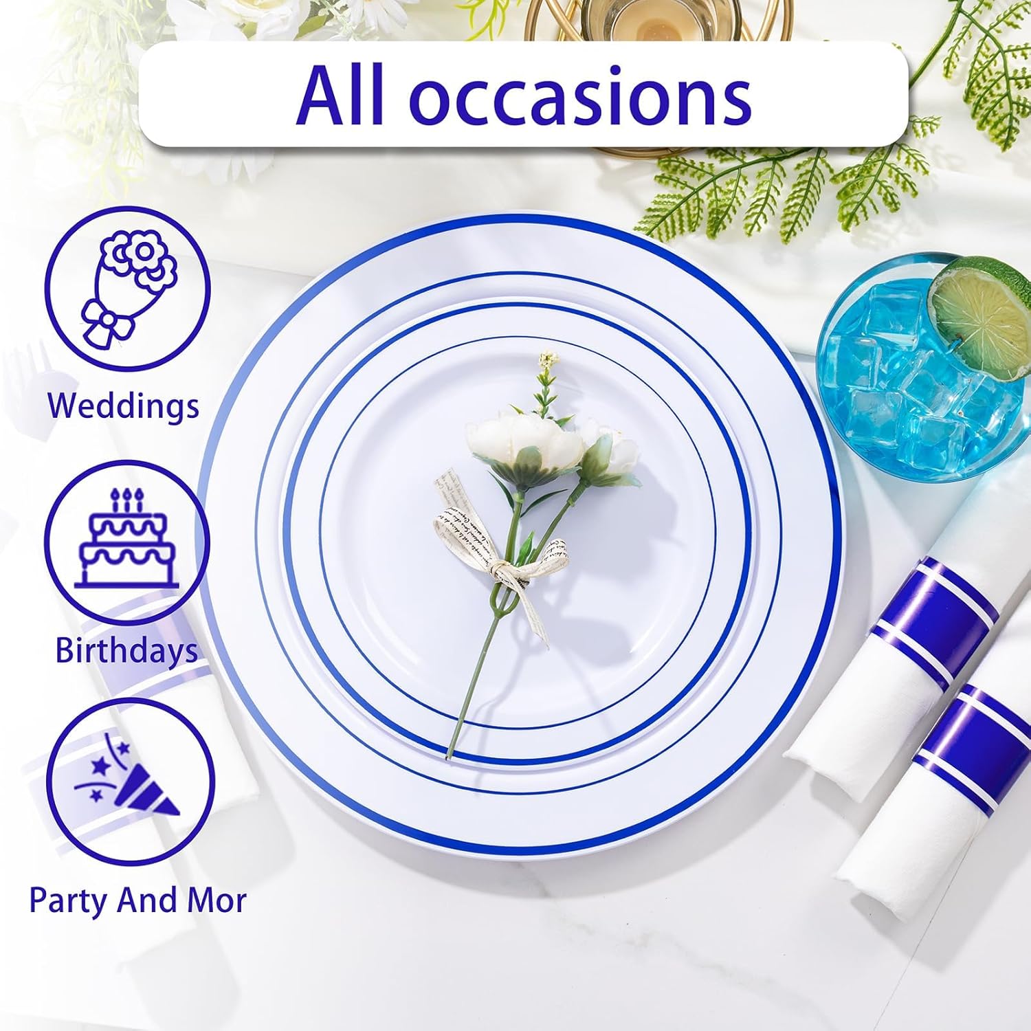 WELLIFE 350 Pcs Blue Plastic Plates for 50 Guests - Plastic Dinnerware Set,Party Supplies Includes 100 blue plates,150 Silverware,50 Napkins,50 Cups,Blue and White Plates - Image 6