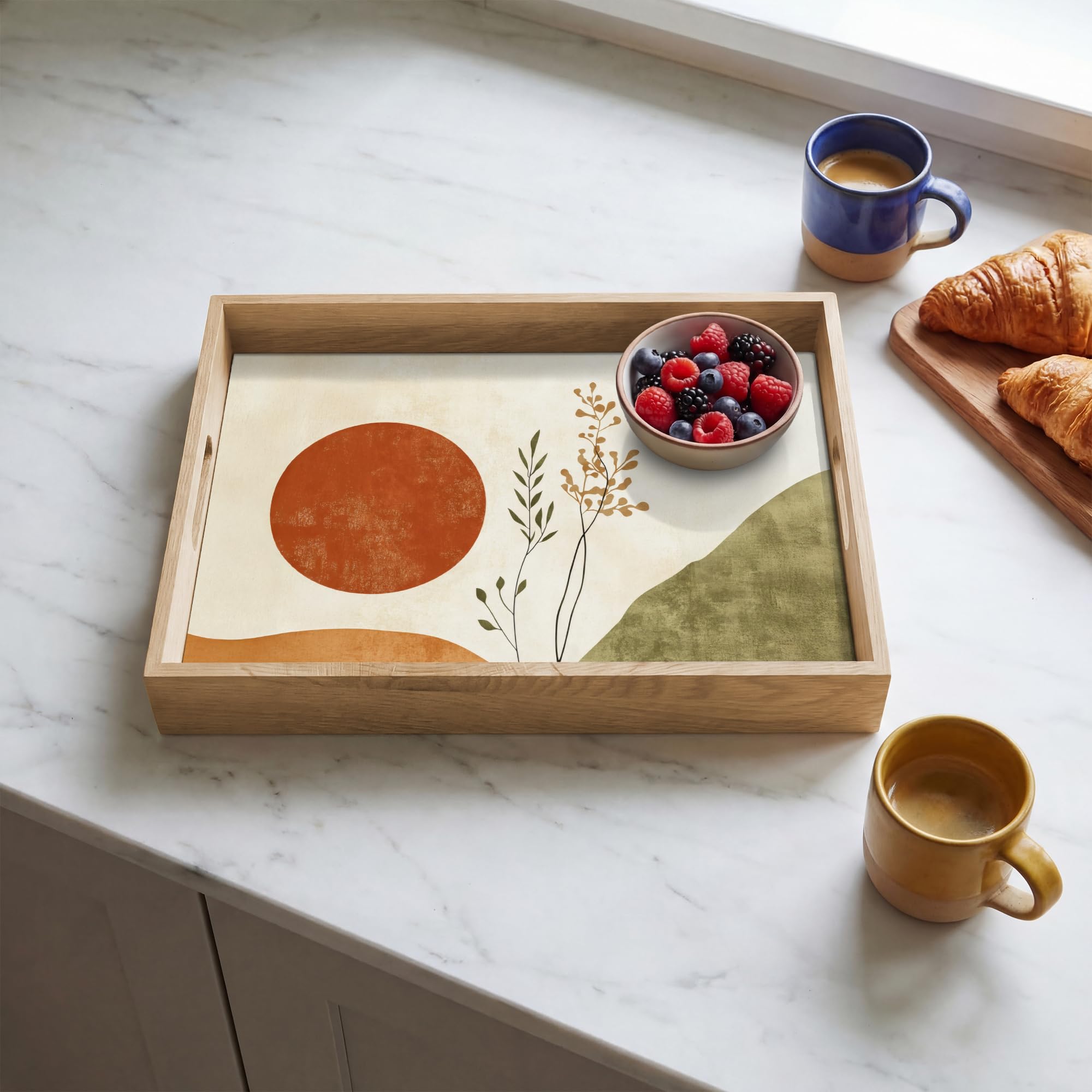 Holztablett Rechteckig 40x30 cm Küchentablett Servier Tablett Eiche Serviertablett Holz Servierplatte Mit Henkel Tray Kaffeetablett Sonne - Abstrakt - Äste - Orange