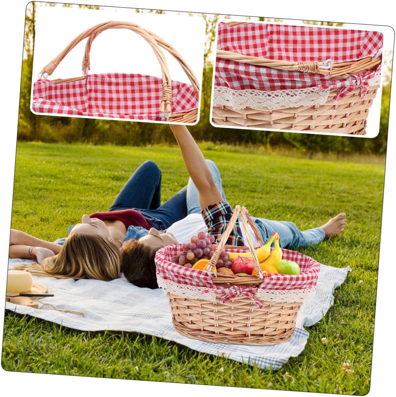 Pink Picnic Basket Wicker Tall Handle Portable Fruit Storage Rustic Vintage Handmade Organizer