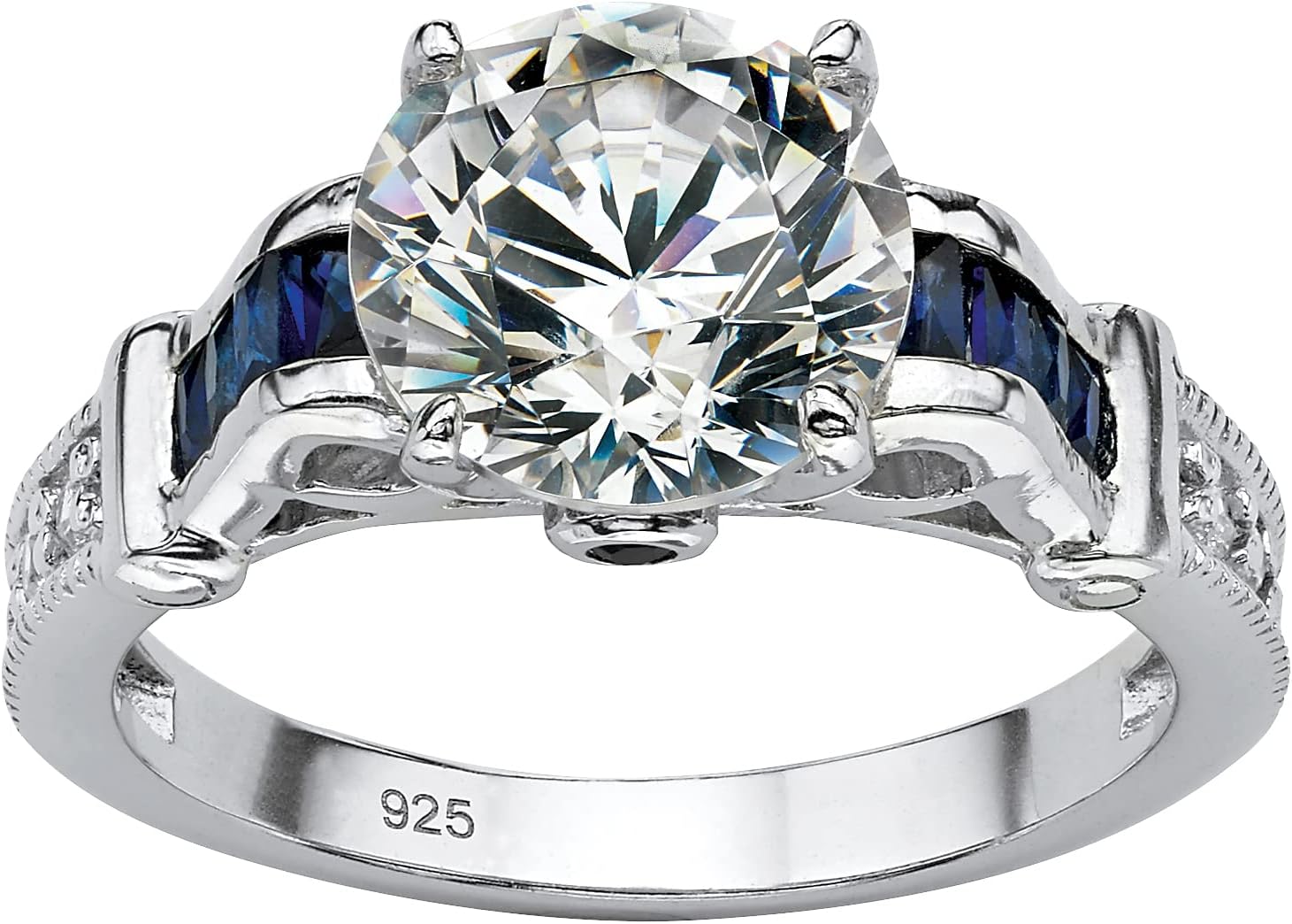 Platinum over Sterling Silver Round Cubic Zirconia and Created Blue Sapphire Engagement Ring