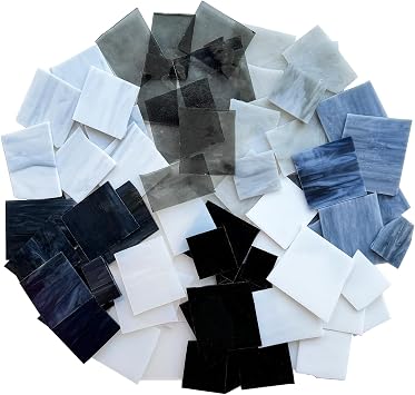 ILLUCKAI 2.2lb Irregular Stained Glass Scraps, Mosaic Glass Pieces, Mosaic Tiles for Mosaic Making and Home Decor, Assorted White Black Gray Colors
