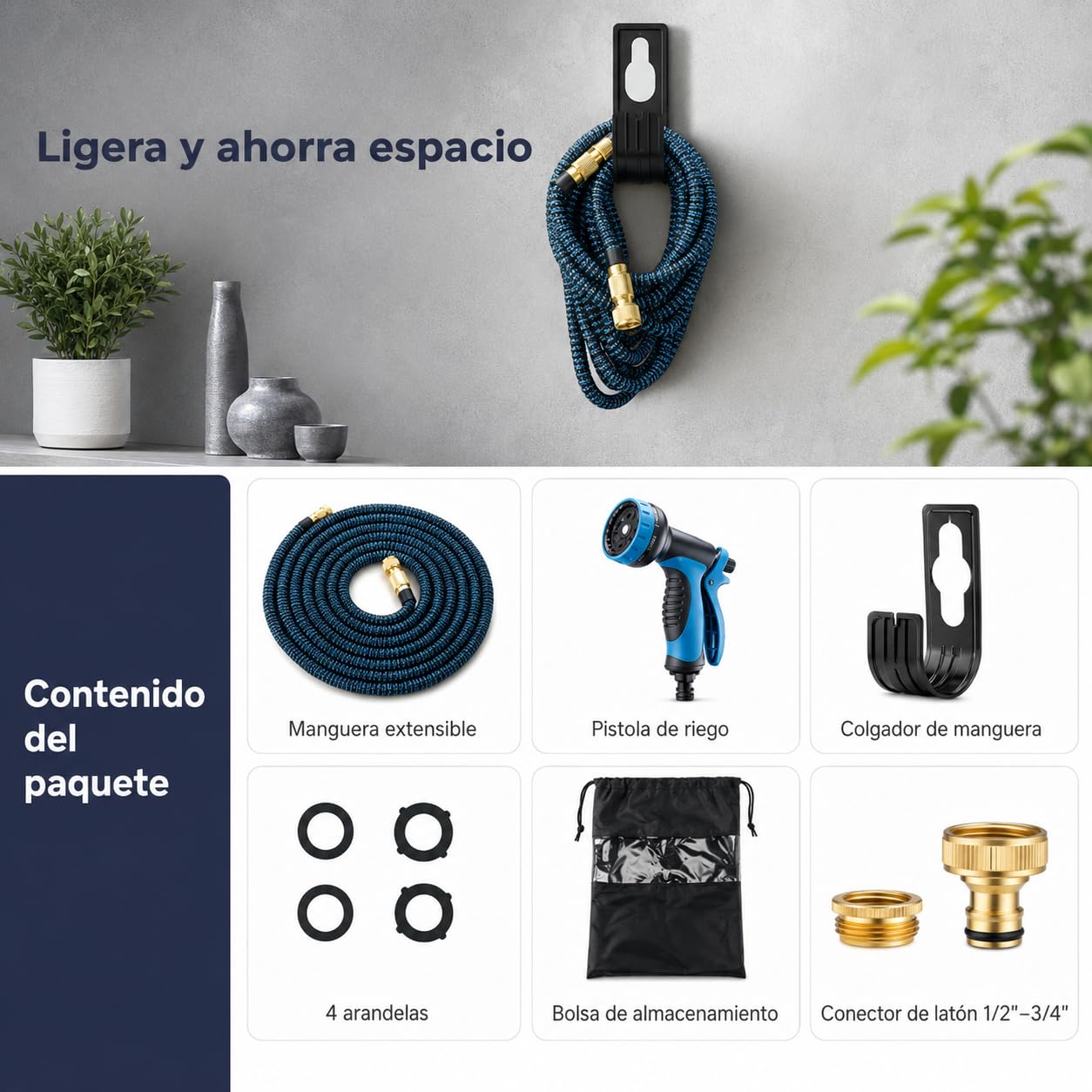 Manguera Extensible Jardín 22,5 m / 75 FT, Manguera Flexible Antitorsión con Látex 3 Capas y Tejido 3750D, Pistola de Riego 10 Funciones, Conectores Metálicos, Bolsa y Gancho