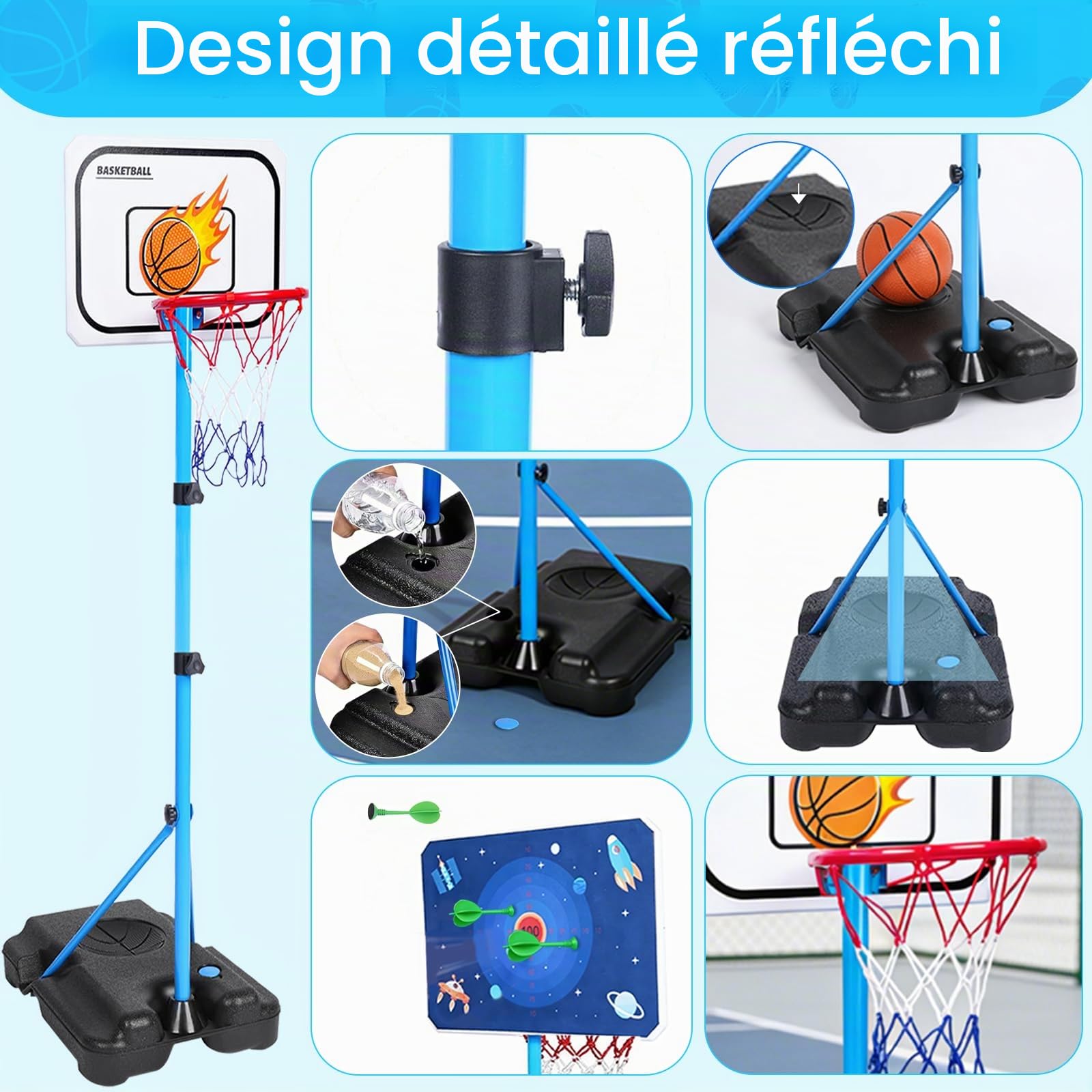 Panier de Basket Enfant 4 en 1 Basket et Fléchettes et Suspendu Baseball Enfant Hauteur Réglable 108-160 cm Panier de Basket Extérieur et Intérieur pour Enfants de 3 à 8 Ans