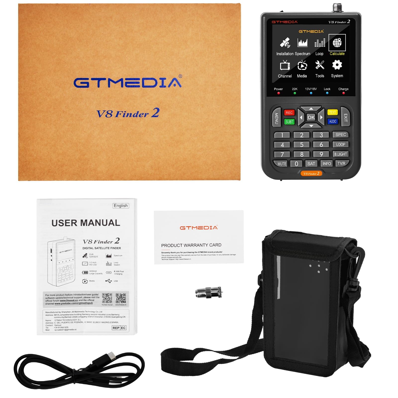 GTMEDIA V8 Finder2 Pointeurs Satellites Sat Finder Meter Localisateur Signal Satellite Numérique pour DVB-S2X/S2/S Le réglage de la Parabole Satellite, 3.5" LCD HD H.264 7,4 V/4000 mAh