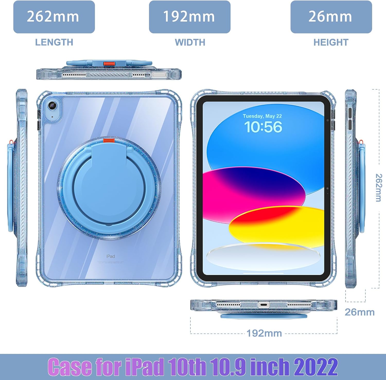 MEEgoodo Case for iPad A16 11th Generation 11 inch 2025, Cover for iPad 10th Generation 2022, Glitter Tablet Cases with Soft TPU & Transparent PC & Rotating Stand for Kids, Light Blue
