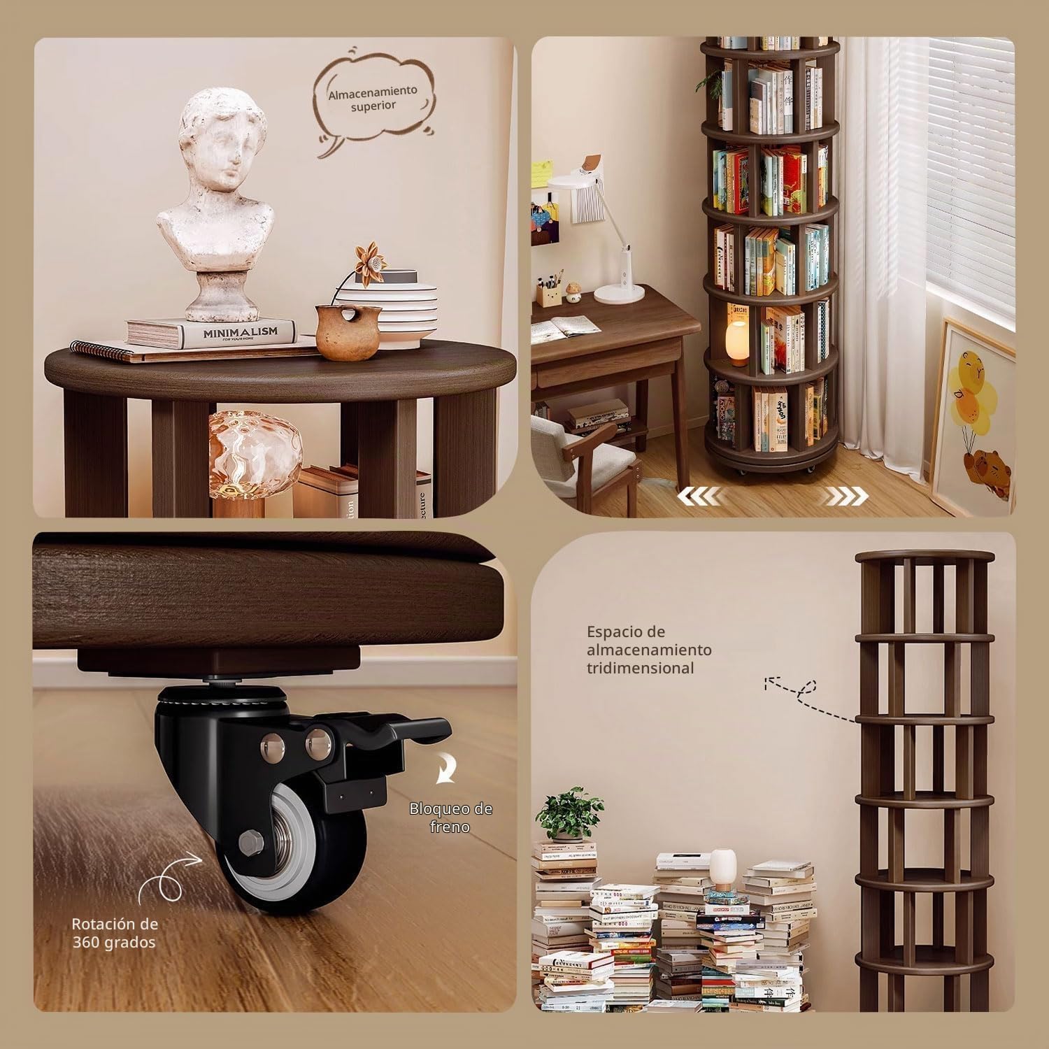 Estanteria Giratoria Libros, 6 Niveles de Madera Maciza Redonda de la Estantería de la Torre, 360 Grados Estantería Rodando para Niños Adultos,Aplicable a Salon para Dormitorio.