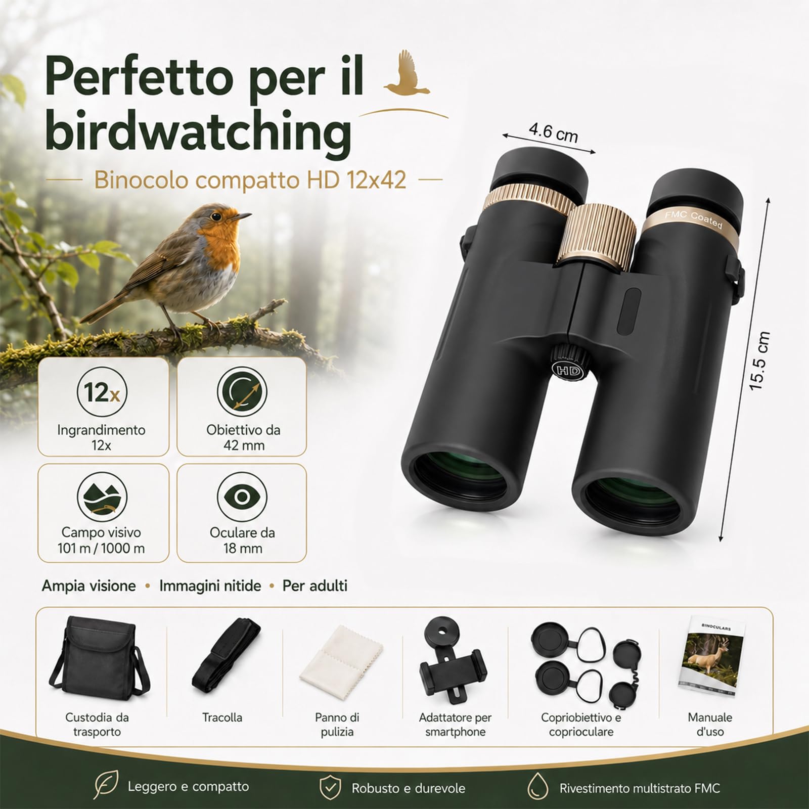 Binocolo 12 x 42 HD, binocolo compatto, Big View, BAK4 HD Prisma + obiettivo FMC, per adulti, per birdwatching, escursionismo, caccia, visite turistiche (nero)