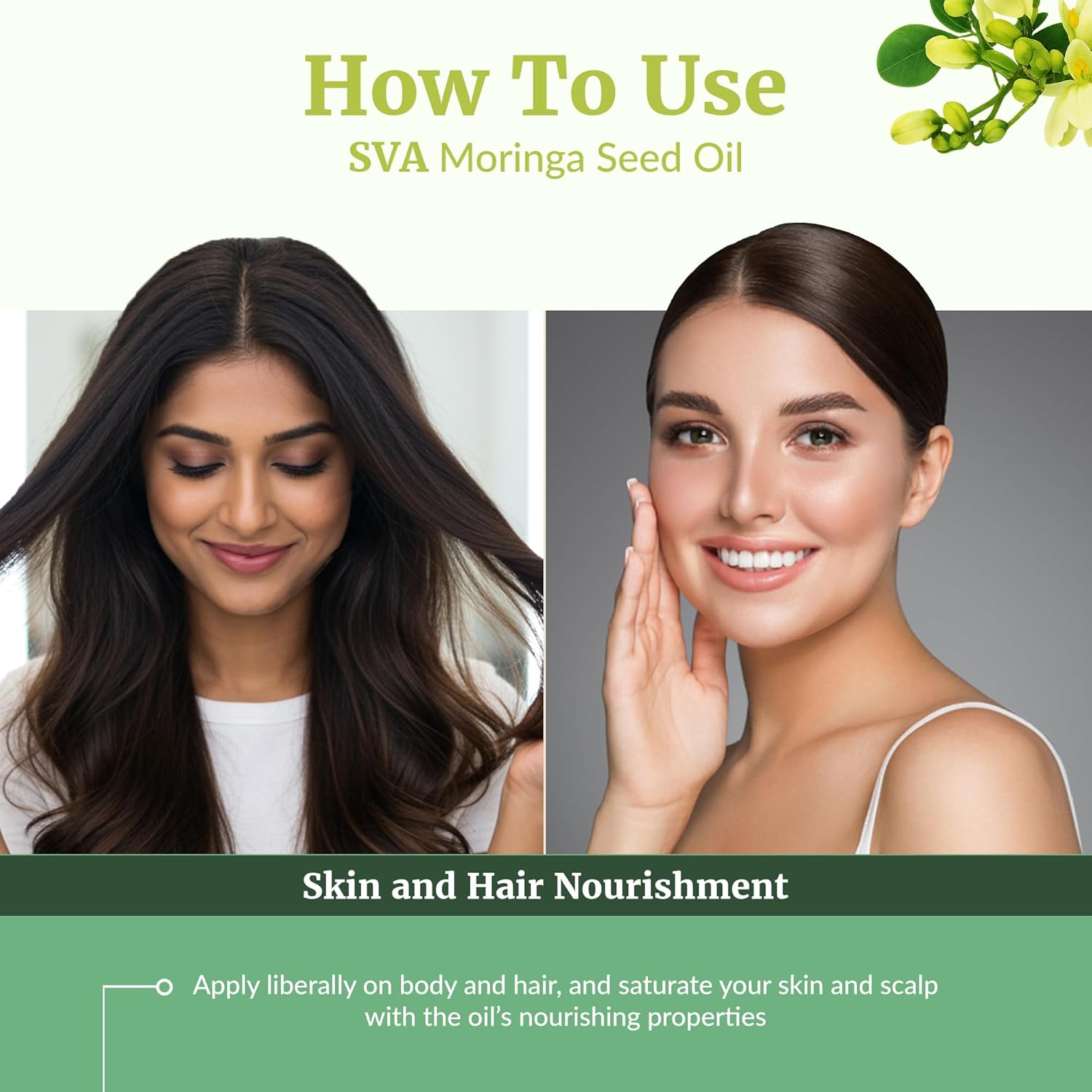 SVA Moringa Seed Oil Organic - 32 Fl Oz – 100% Natural Cold Pressed Moringa Oil - for Face, Skin Care, Hair Care, Scalp Massage & Body Massage – Carrier Oil with Dropper