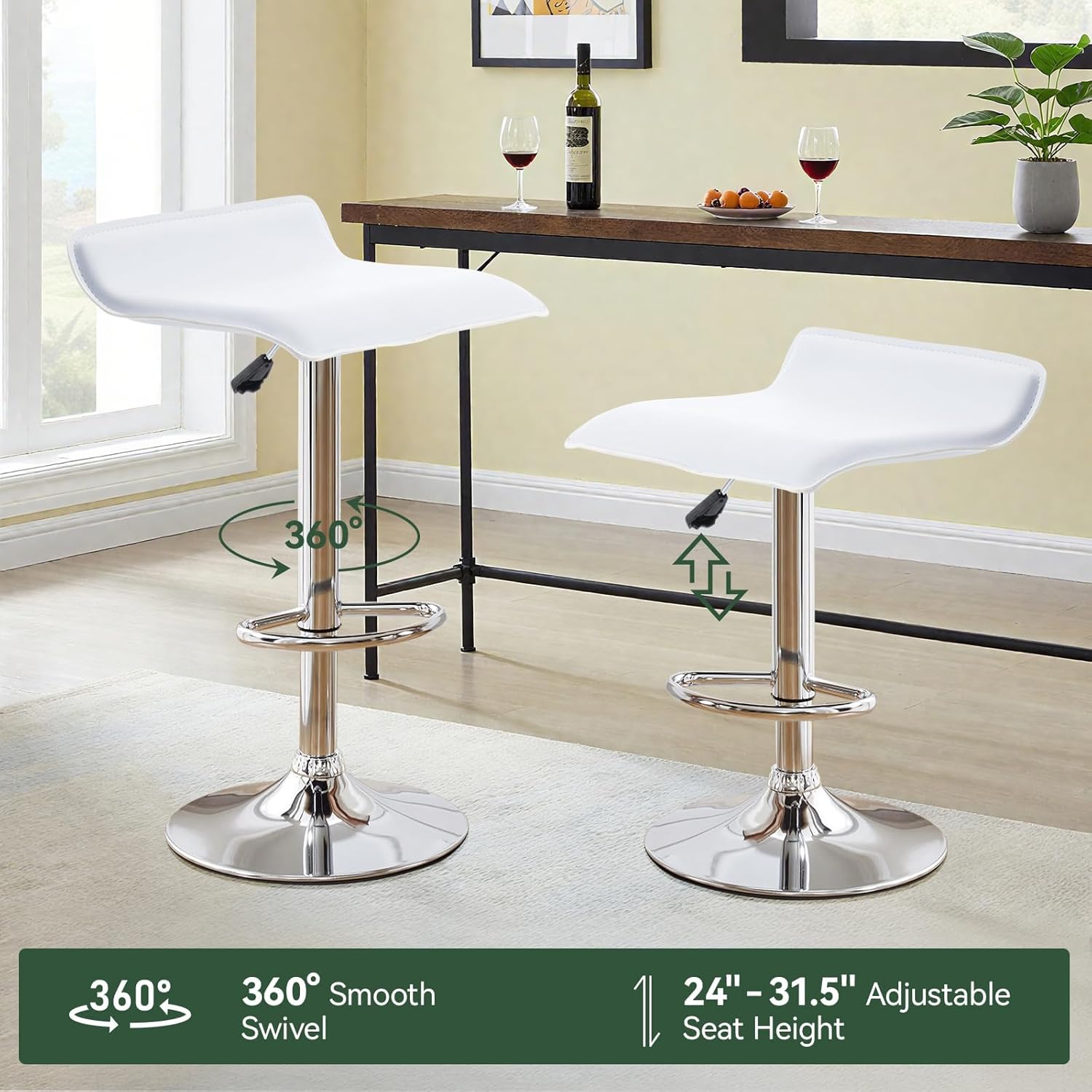Adjustbale Barstools, Backless Counter Height Swivel Bar stools with Footrest,Kitchen Dining Chairs,Set of 2(White)