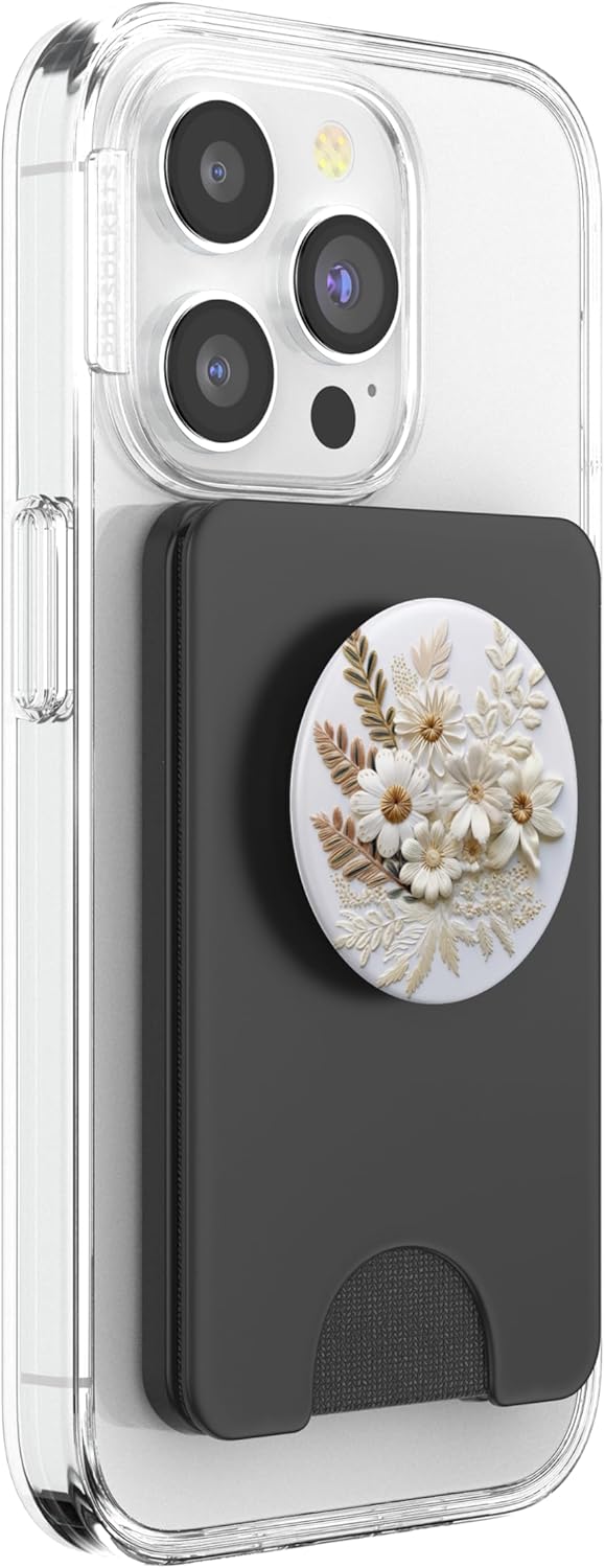 Beige Floral Flower Pattern On White Background PopSockets PopWallet for MagSafe