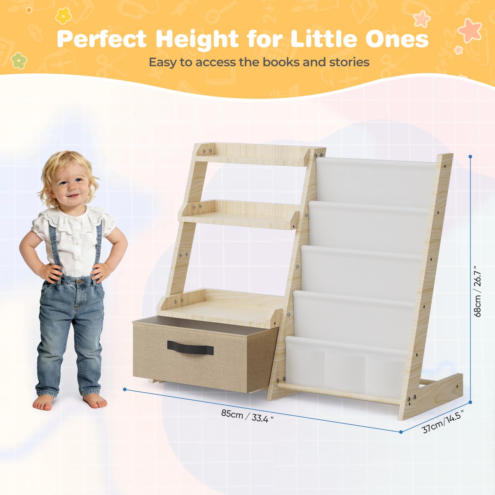 Scaffale per bambini con organizer per giocattoli 2 in 1 - Libreria in legno e tessuto con 4 scomparti, cassetto e tasche portapenne, scaffale sicuro per bambini, altezza 68 cm, per cameretta