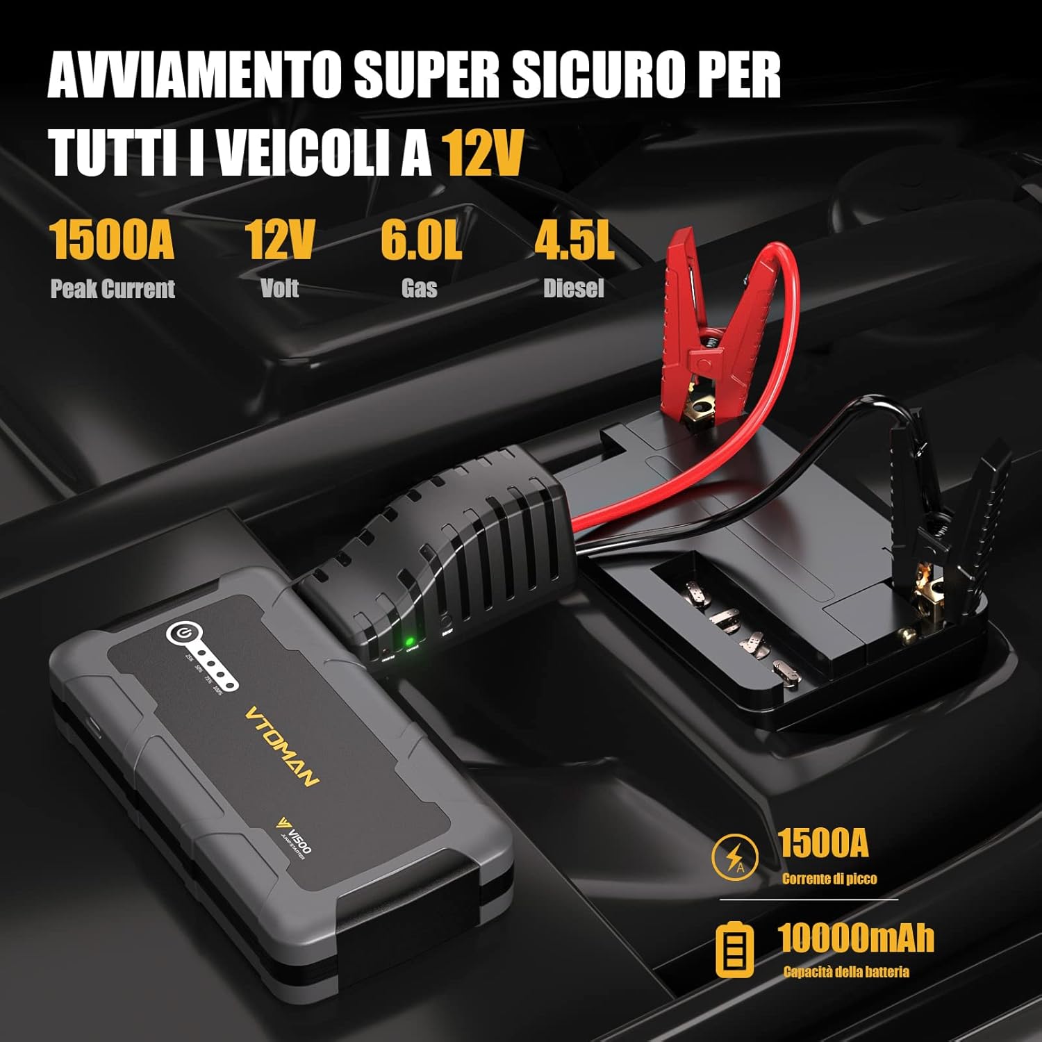 VTOMAN Avviatore di Emergenza per Auto 1500A, Portatile 12V Avviatore Batteria Auto, Adatto per Benzina da 6L e Diesel da 4L, Booster con Torcia a LED Ricarica, Cavo di Avviamento Intelligente V1500-Black - Immagine 2
