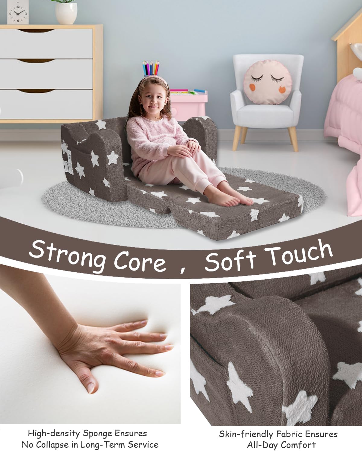 Toddler Couch, Kids Couch for Toddler Fold Out, 2-in-1 Convertible Kid Sofa to Lounger Bed for Girls and Boys, Ideal for Reading Sleeping Gaming Decor (Brown) - Image 5