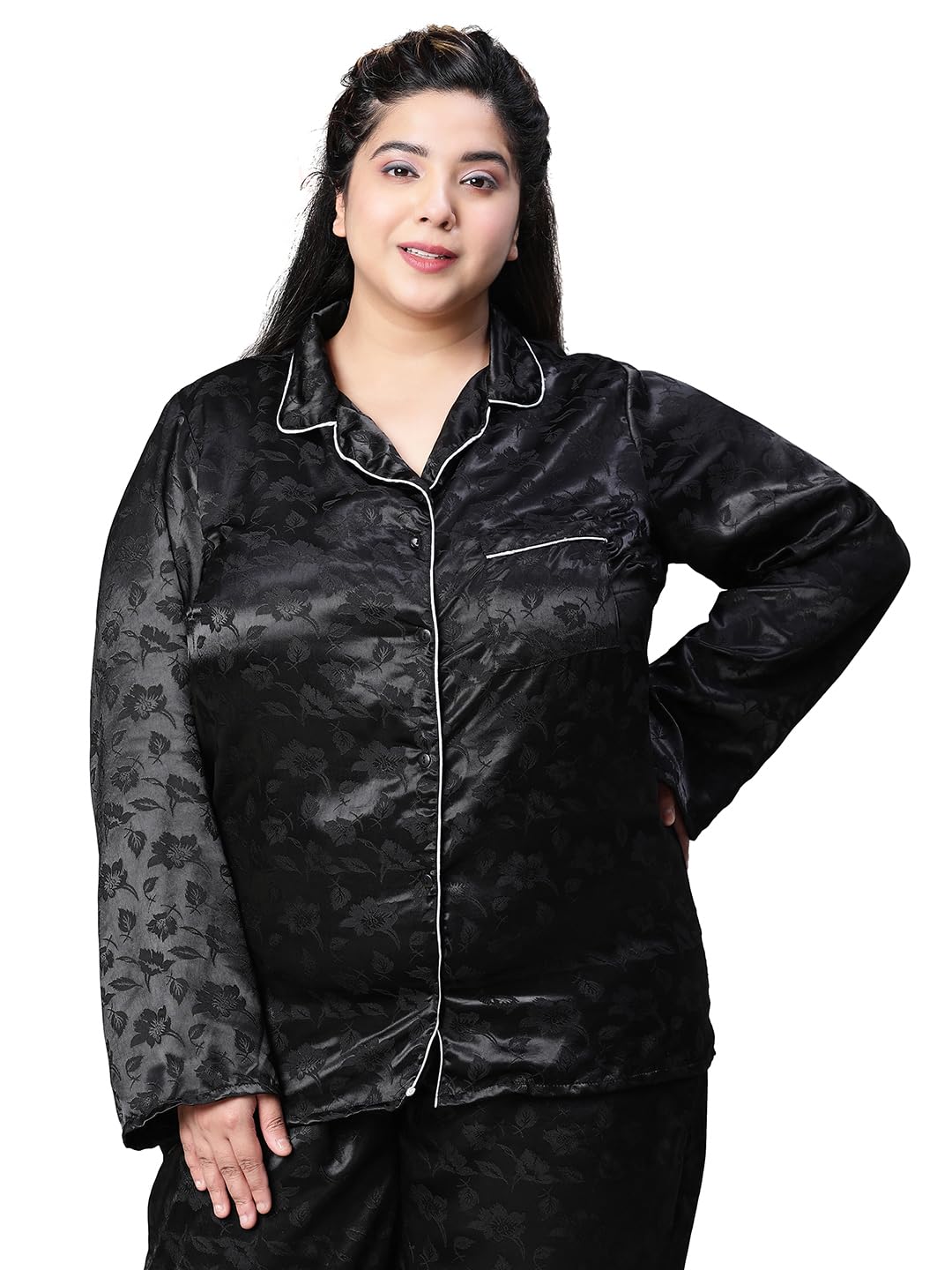 oxolloxo Women Plus Size Button Detailed Long sleeveOpen Collar Relaxed Nightwear Shirt