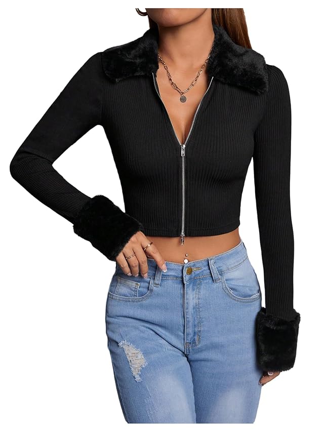 WDIRARA Womens Zip Up Fuzzy Long Sleeve Cardigan Sweater Collared Knit Cropped Outerwear