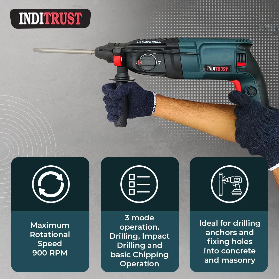 Inditrust New 1250W 26mm hammer drill with SDS drill bits and chisels 6 MONTHS WARRANTY 100% Copper Winding (BLUE) 1
