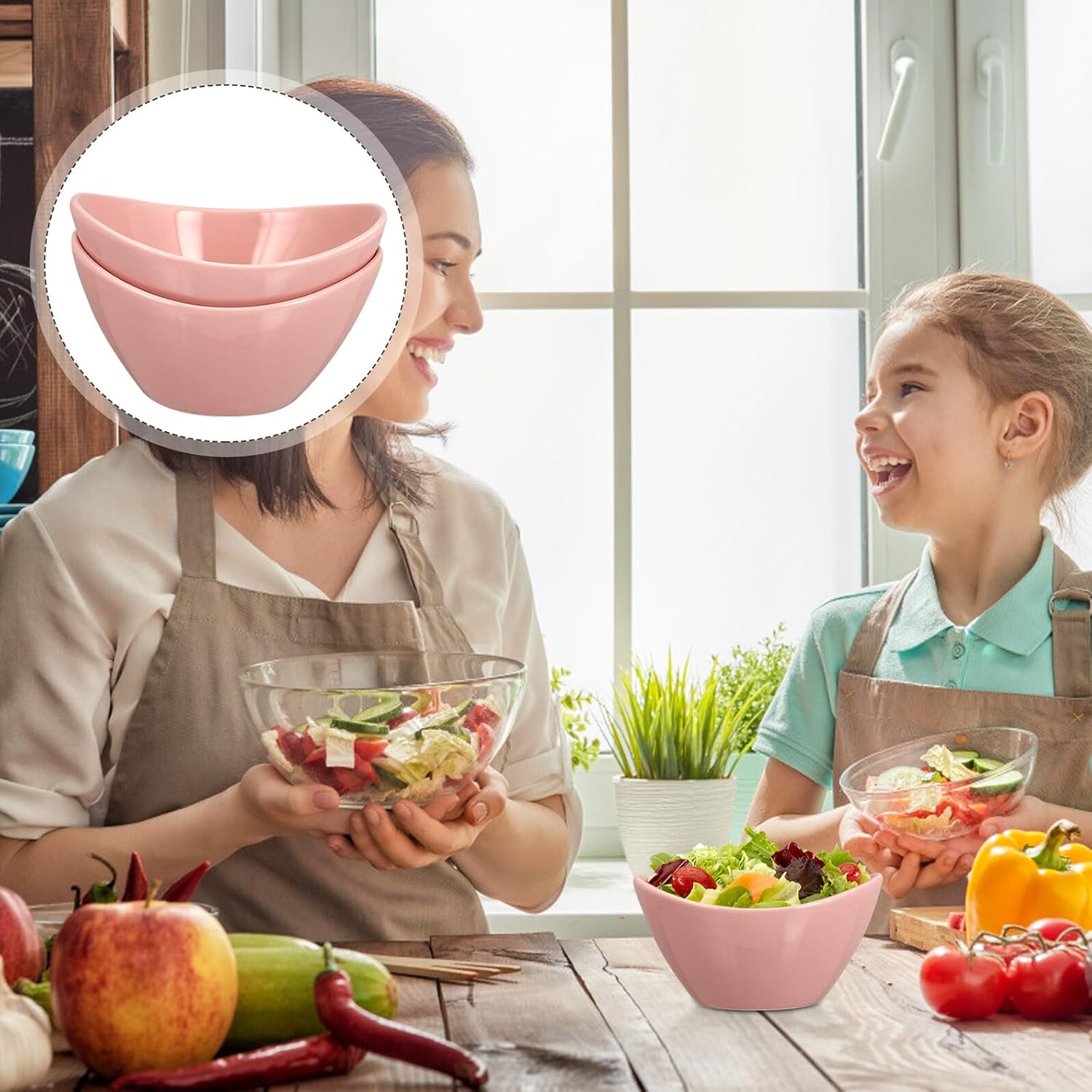 Ingot-shaped Ceramic Noodle and Soup Bowls, Small Pink 2pcs Set, Household Kitchen Salad and Rice Serving Tableware for Home Dining