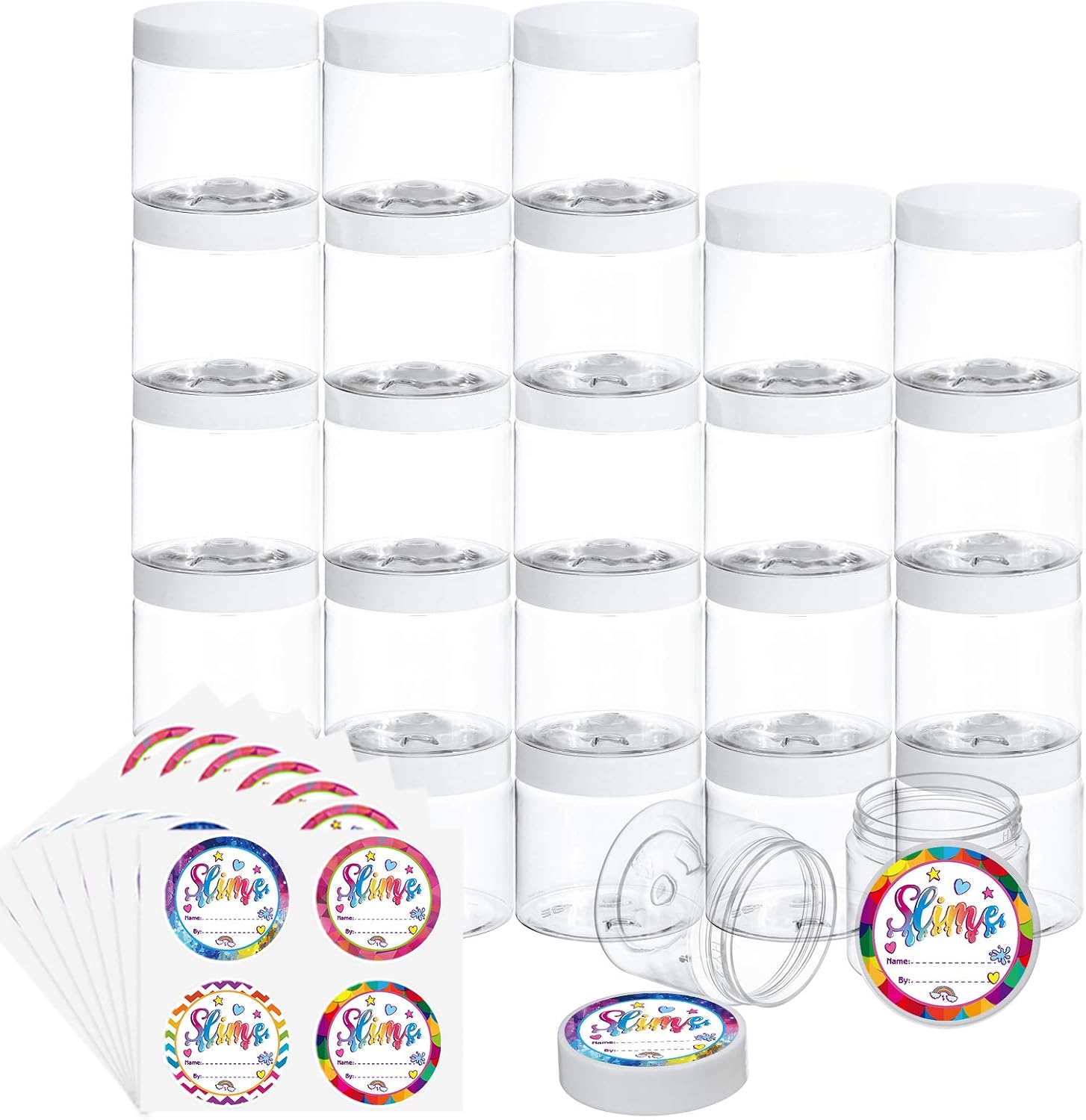 Habbi 25 Pack 2OZ Empty Slime Containers Slime Jars Plastic Containers with White Water-Tight Lids and Exquisite Stickers for DIY Slime Making, Beauty Products, Food or Others
