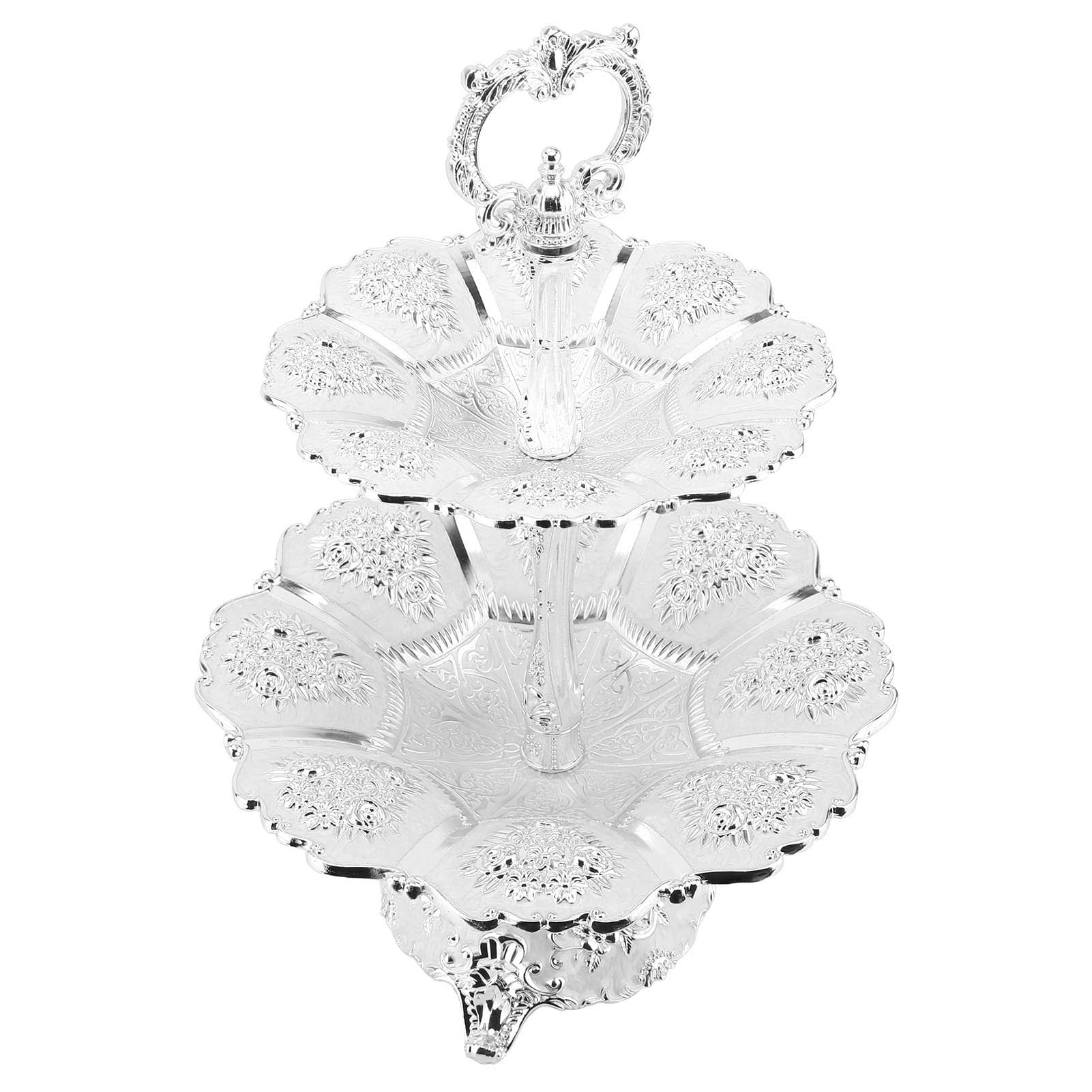 Elegante plato de servir de 2 niveles con mango conveniente para bodas y fiestas de cumpleaños, soporte de torre para pastel para un centro de mesa llamativo (Plata Blanco)