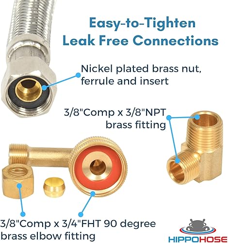 Miniatura 4 de Hippohose Kit de manguera de agua para lavavajillas de acero inoxidable de 20 pies, ajuste universal, SS trenzado, conexiones de 38 pulgadas,