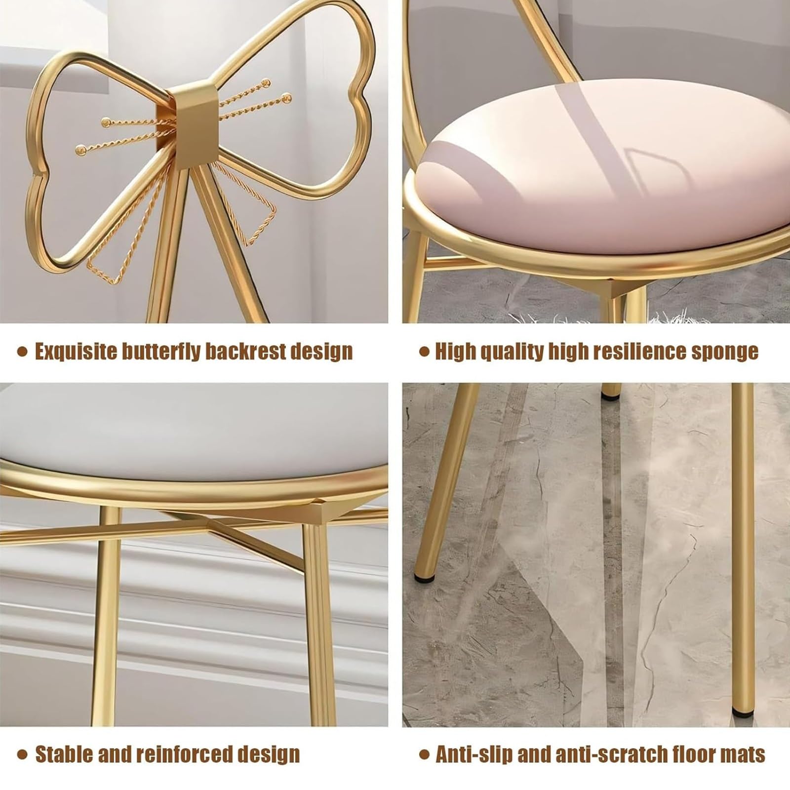 Vanity Chair - Sedia da Trucco for Ragazze, in Velluto Rosa, con Schienale Alto, con Fiocco, for Toletta, Camera da Letto, Spogliatoio, Seduta Comoda Ed Elegante(White)