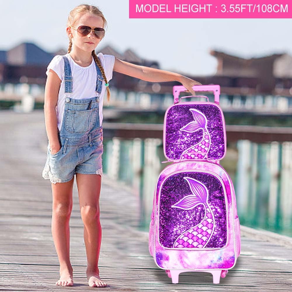 Rolling Backpack for Girls, Roller Wheels Kids Bookbag - Wheeled Suitcase Elementary Sequin School Bag - 3PCS Mermaid - Image 8