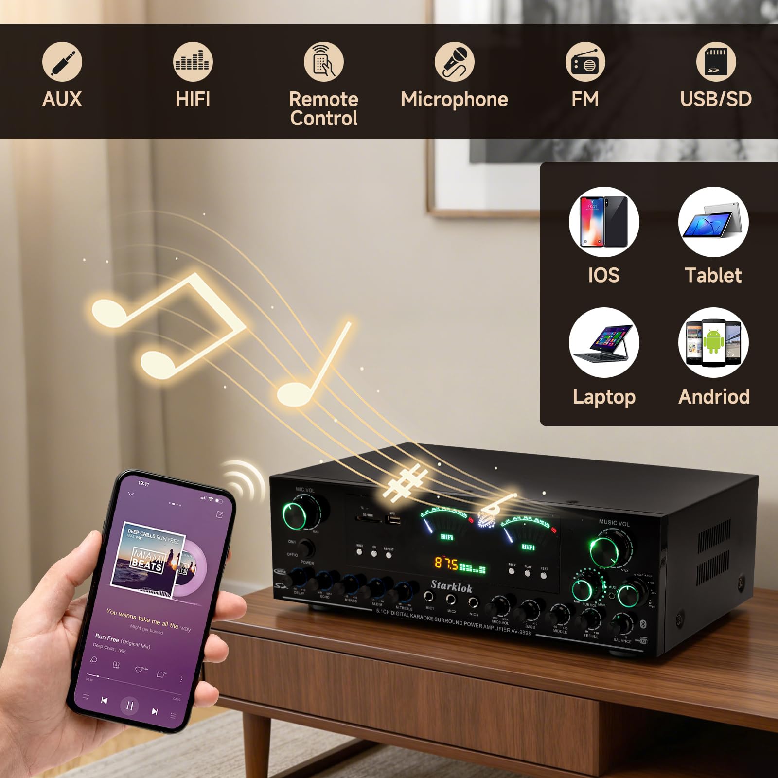 Amplificatore HiFi stereo 5.1 canali da 3000W di picco, amplificatore per home theater con subwoofer, Bluetooth 5.0, riproduzione USB/SD, TRE ingressi microfonici