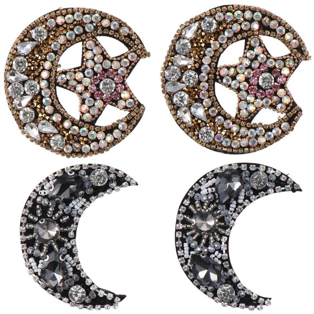 4Pcs Moon Star Rhinestone Iron on Patch Black Crystal Sew on Patches Embroidery Applique Beaded Decorative Badge for Craft Clothes Bag Shoes Hats DIY Accessories