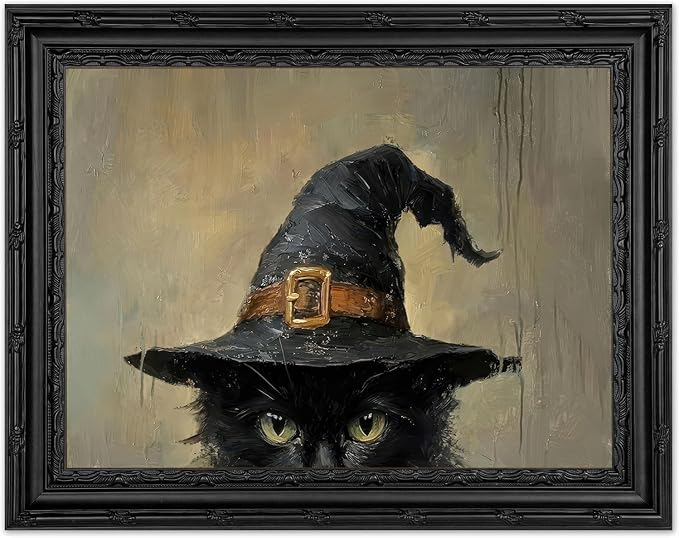 Framed Vintage Black Cat Wall Art,Black Cat in Witch Hat Canvas Painting,Gothic Halloween Poster Prints,Dark Academia Picture Wall Decor for Living Room Bedroom 11x9in